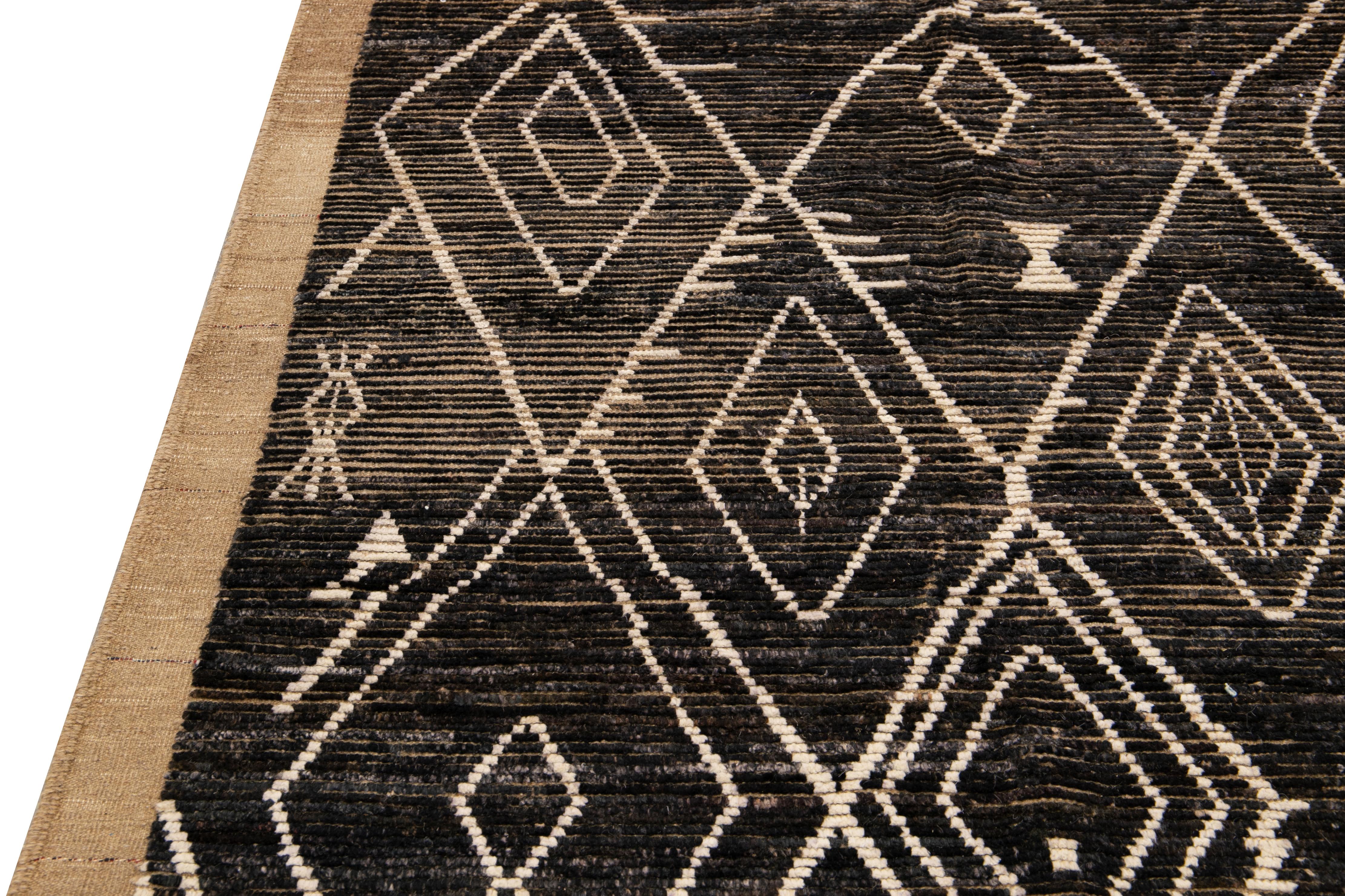 Modern Brown Moroccan Style Handmade Geometric Boho Wool Rug For Sale 1