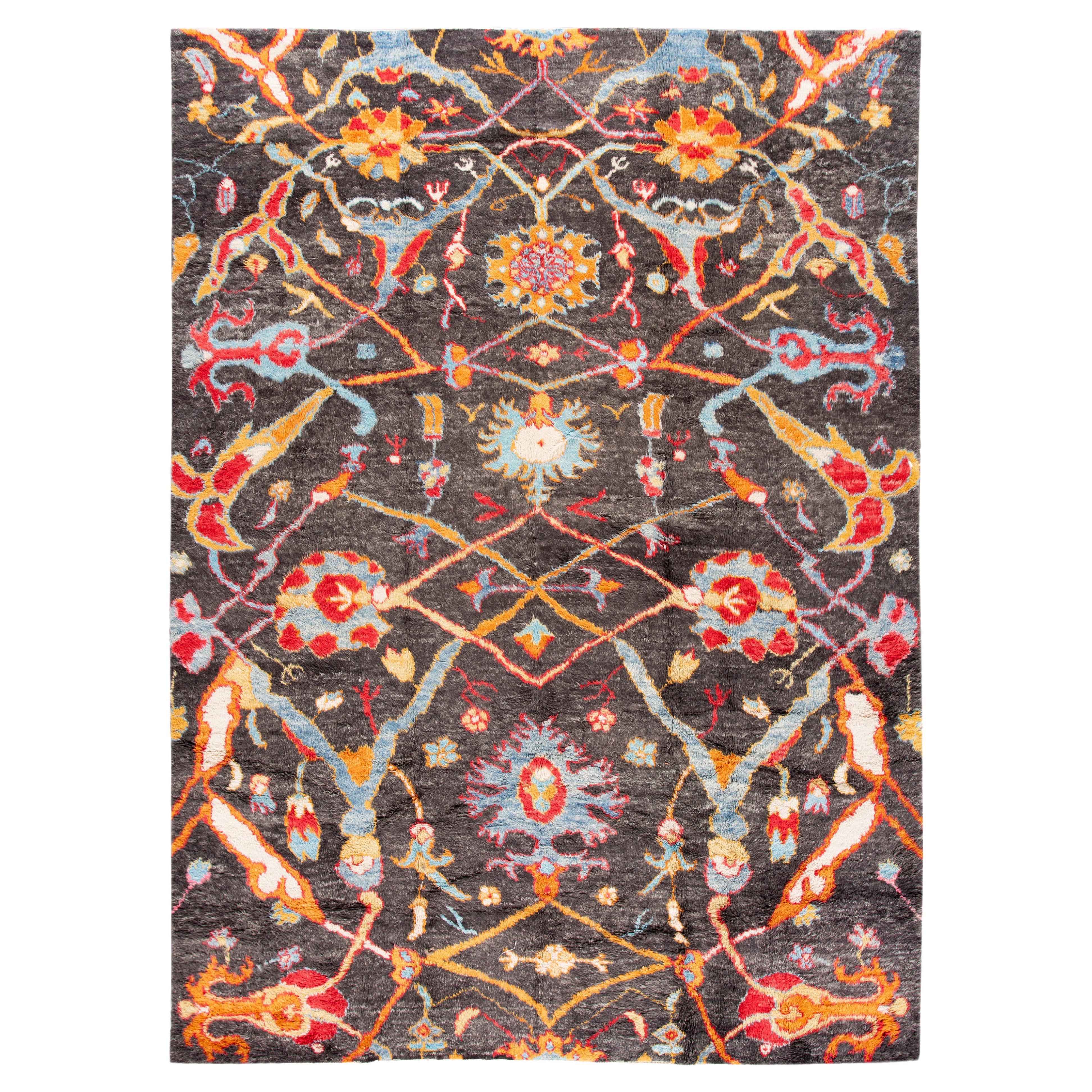 Modern Brown Moroccan Style Handmade Multicolor Floral Motif Wool Rug For  Sale at 1stDibs