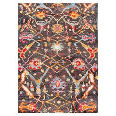 Modern Brown Moroccan Style Handmade Multicolor Floral Motif Wool Rug