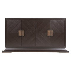 Modern Brown Oak Sideboard Credenza Cabinet with Brass Handles