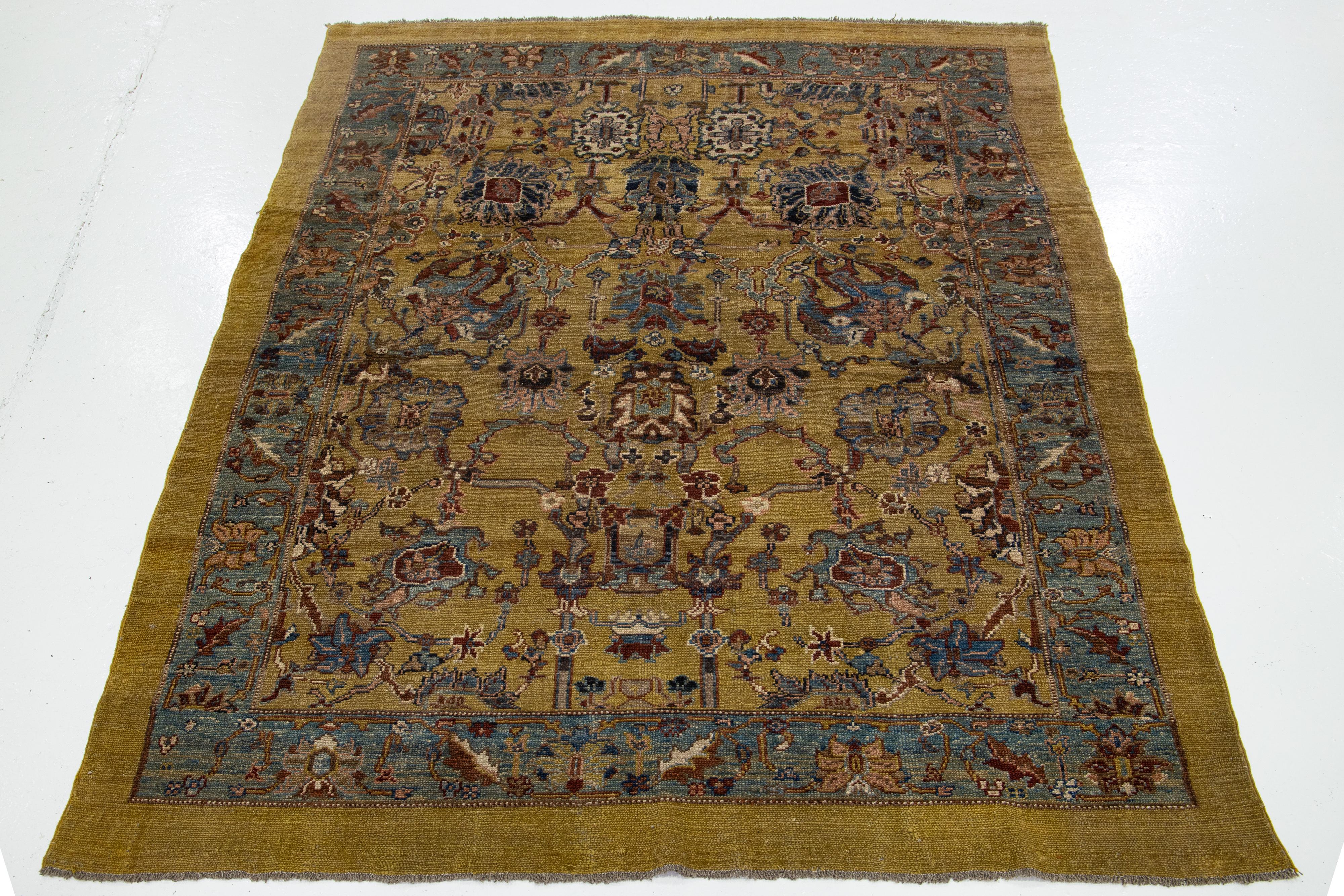 Contemporary Modern Brown Revival Handmade Wool Rug with Floral Motif For Sale