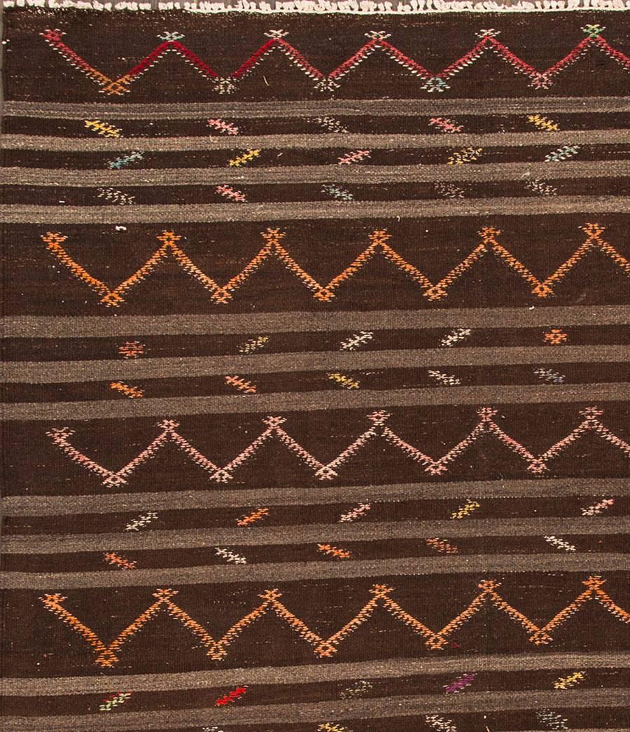 Hand-Woven Modern Brown Striped Turkish Kilim Rug