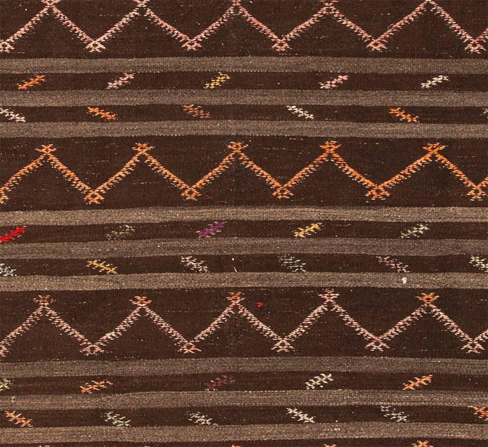 Modern Brown Striped Turkish Kilim Rug In Excellent Condition In Norwalk, CT