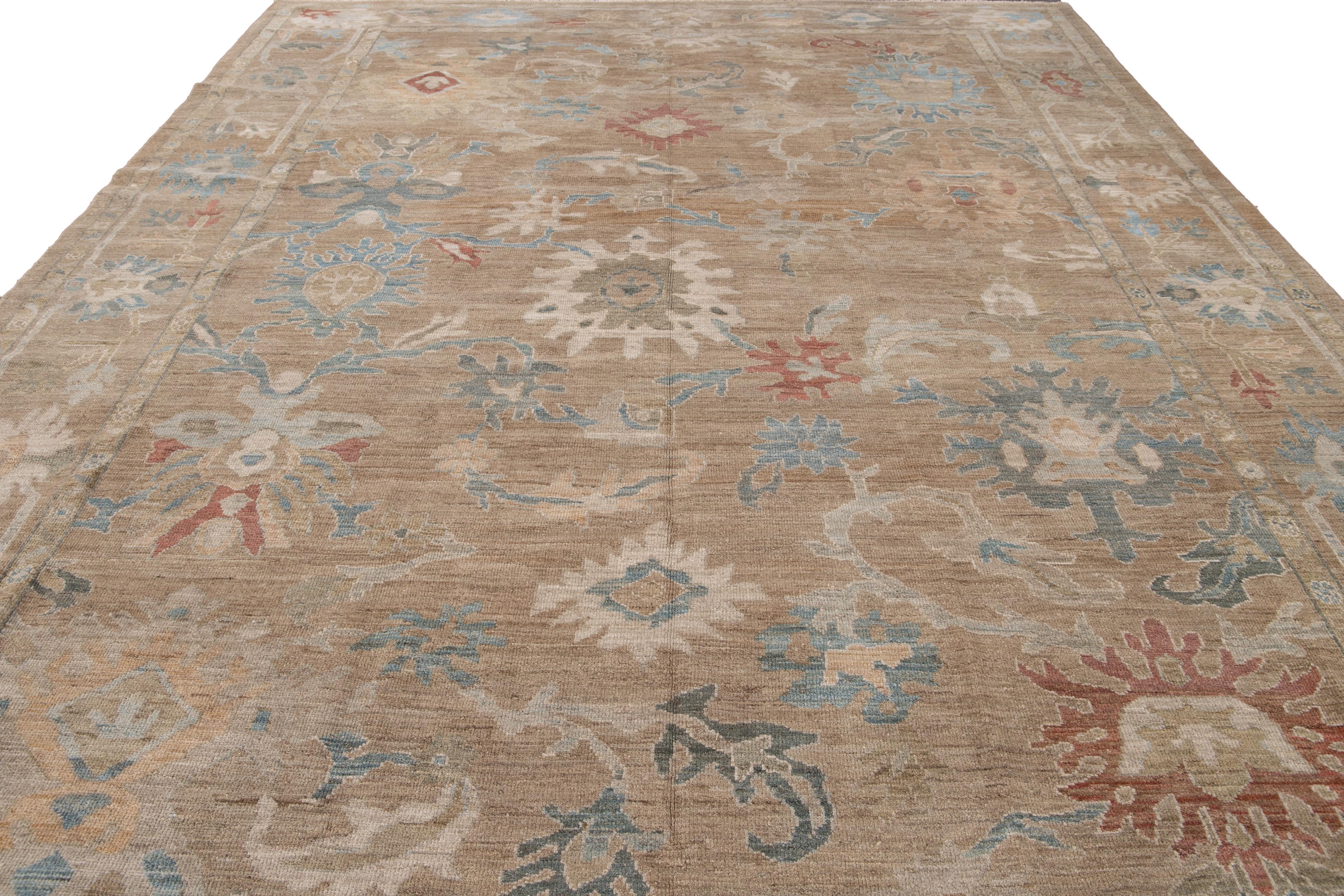 Asian Modern Brown Sultanabad Handmade Floral Wool Rug For Sale
