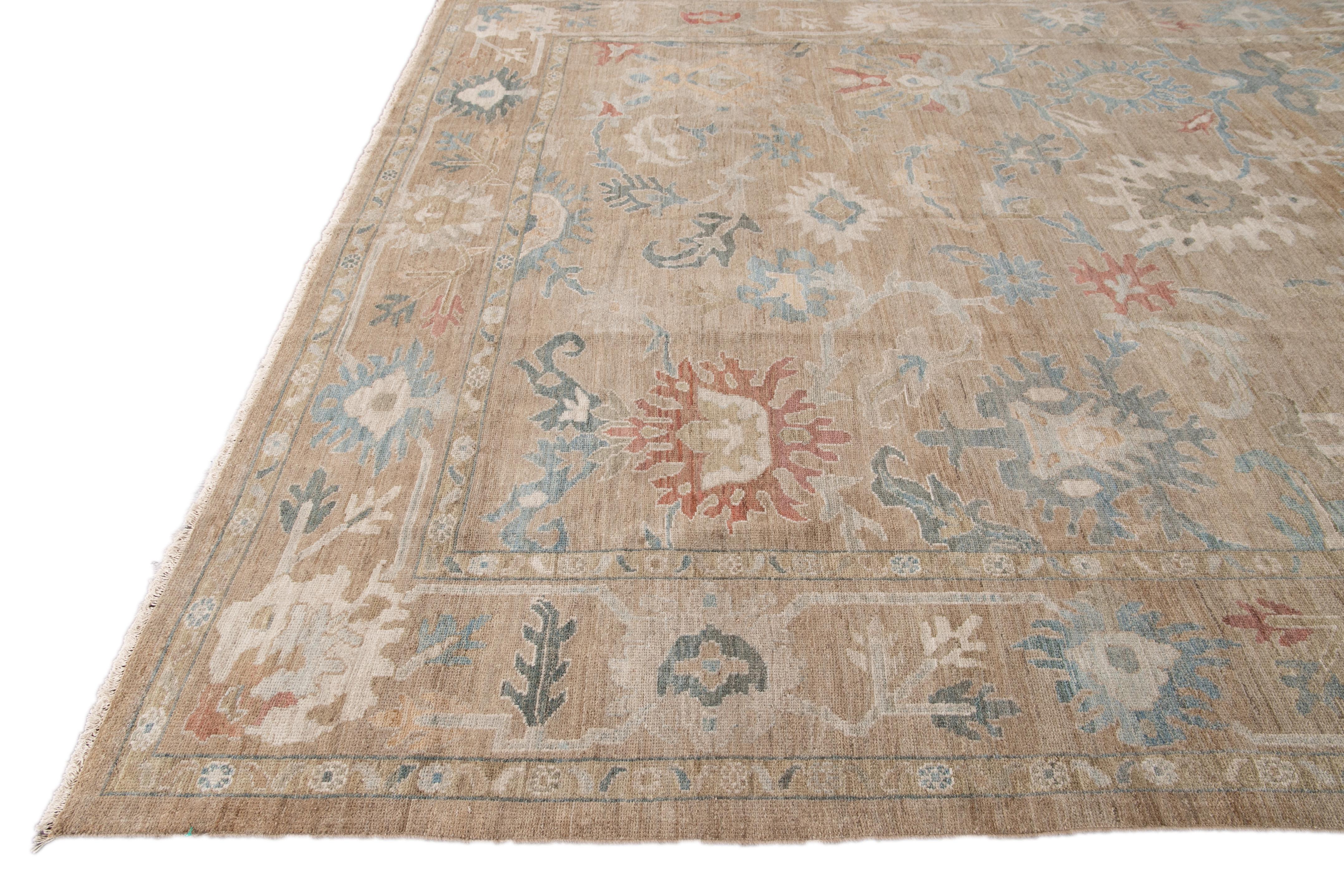 Hand-Knotted Modern Brown Sultanabad Handmade Floral Wool Rug For Sale