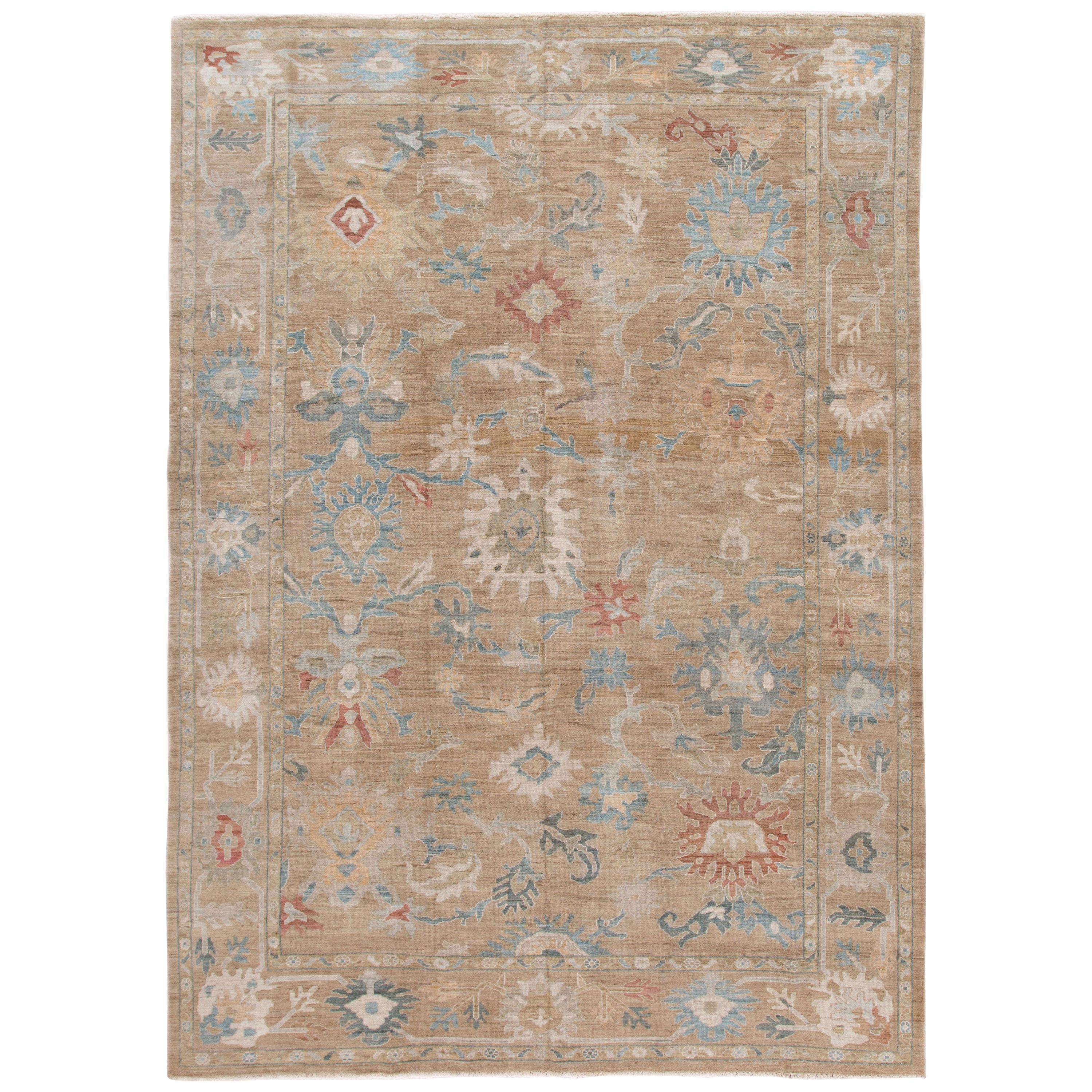 Modern Brown Sultanabad Handmade Floral Wool Rug For Sale