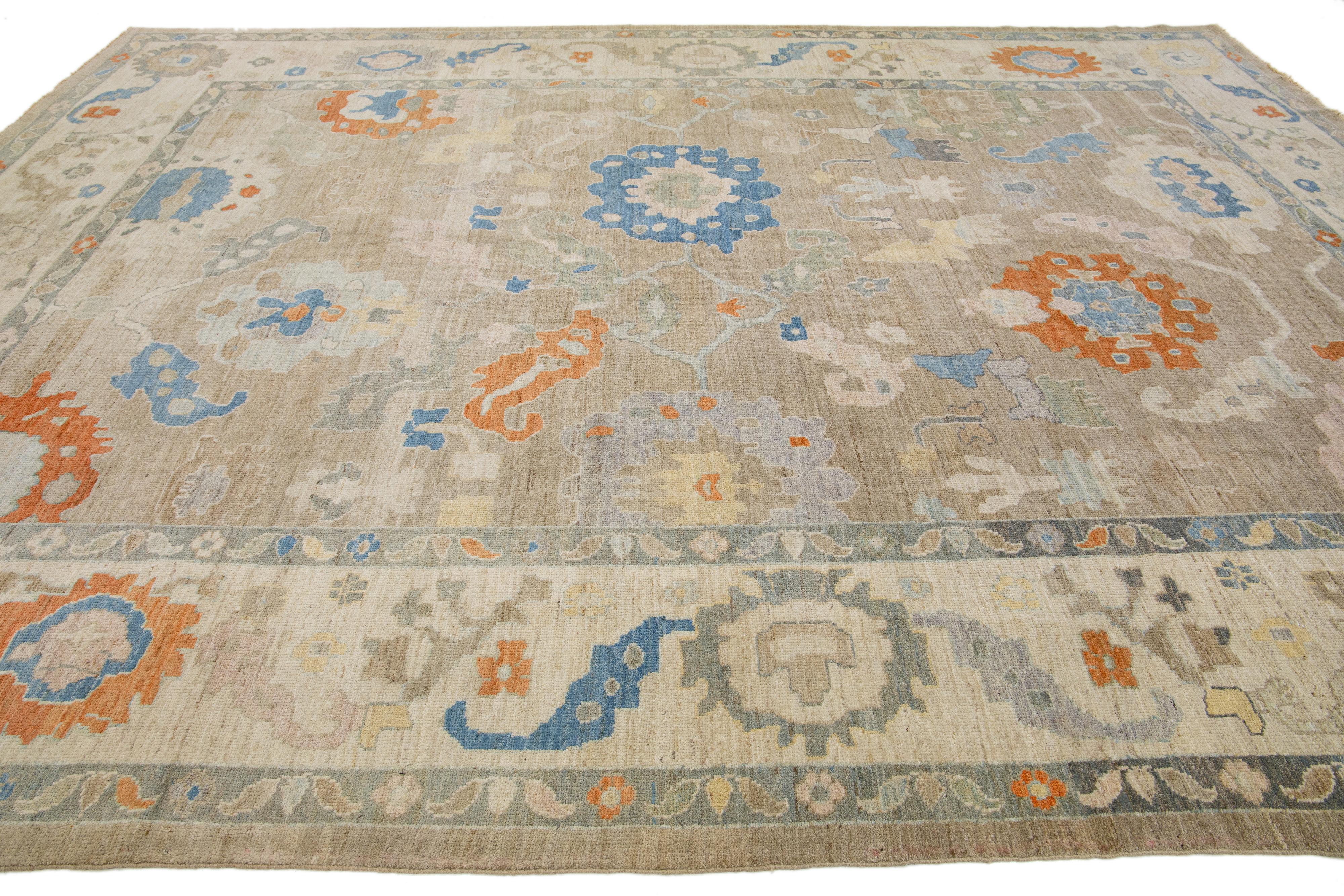 Hand-Knotted Modern Brown Sultanabad Wool Rug Handmade with Floral Design For Sale