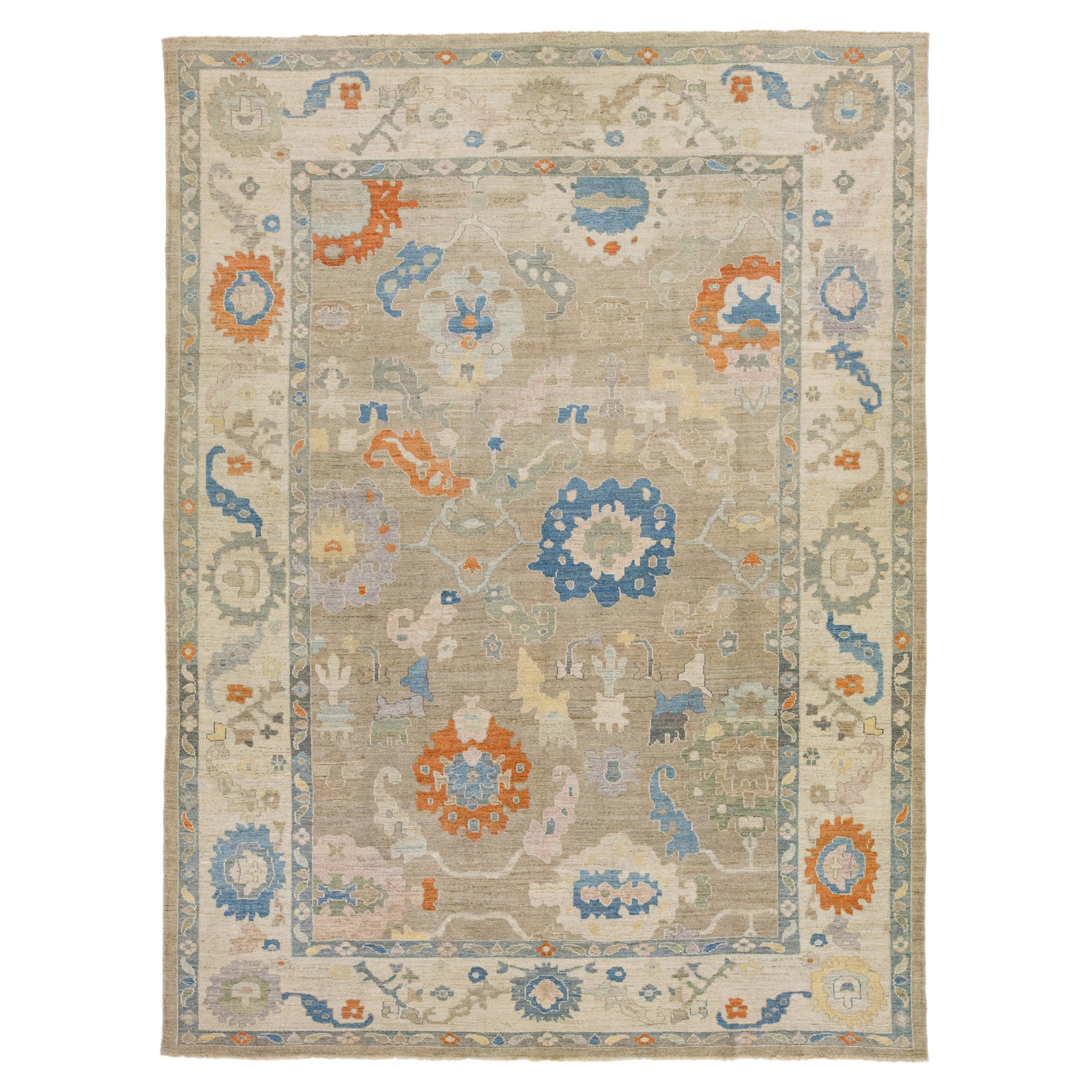 Moderner brauner Sultanabad-Wollteppich, handgefertigt mit Blumenmuster