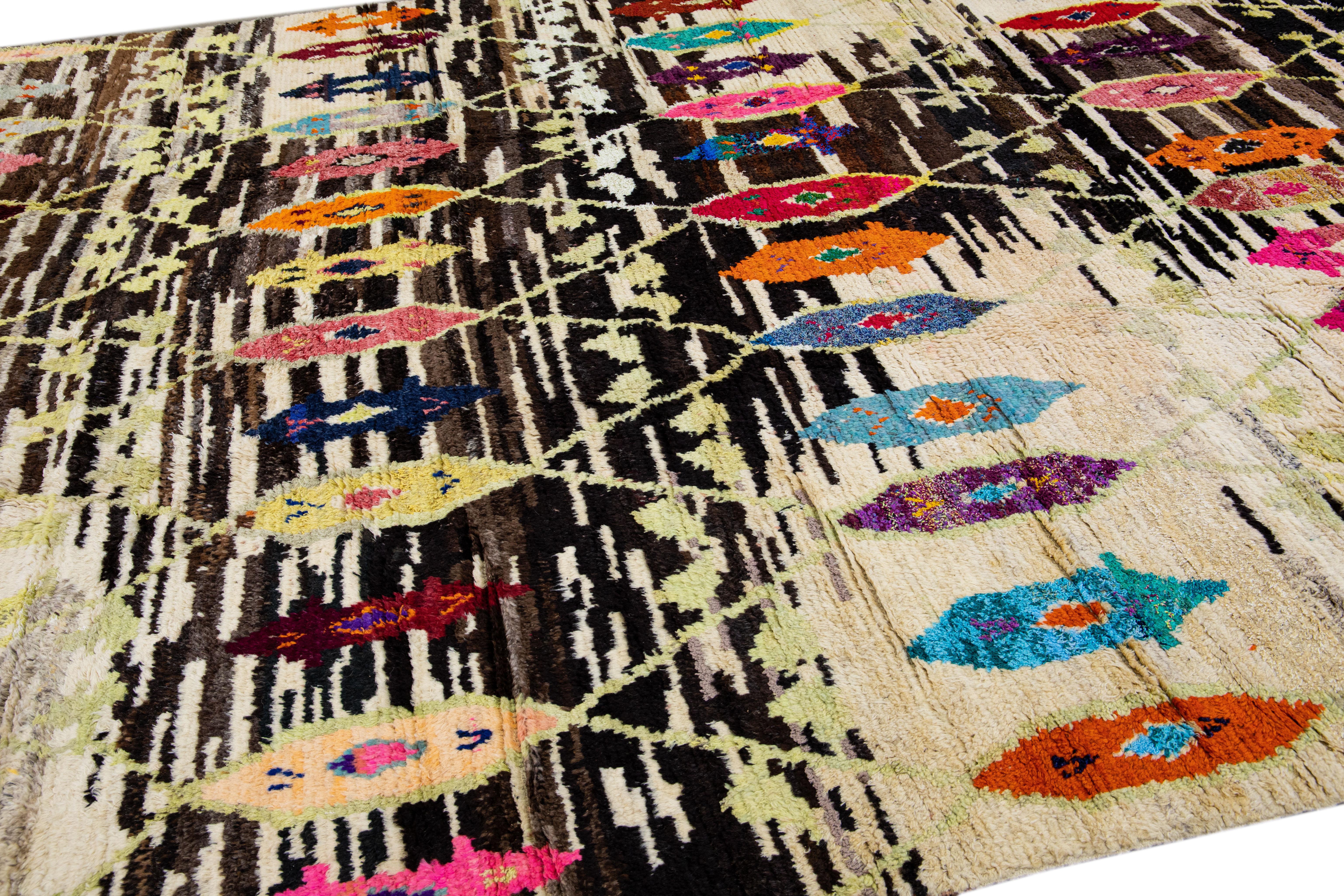 Modern Brown Turkish Tulu Handmade Multicolor Tribal Designed Wool Rug For Sale 5