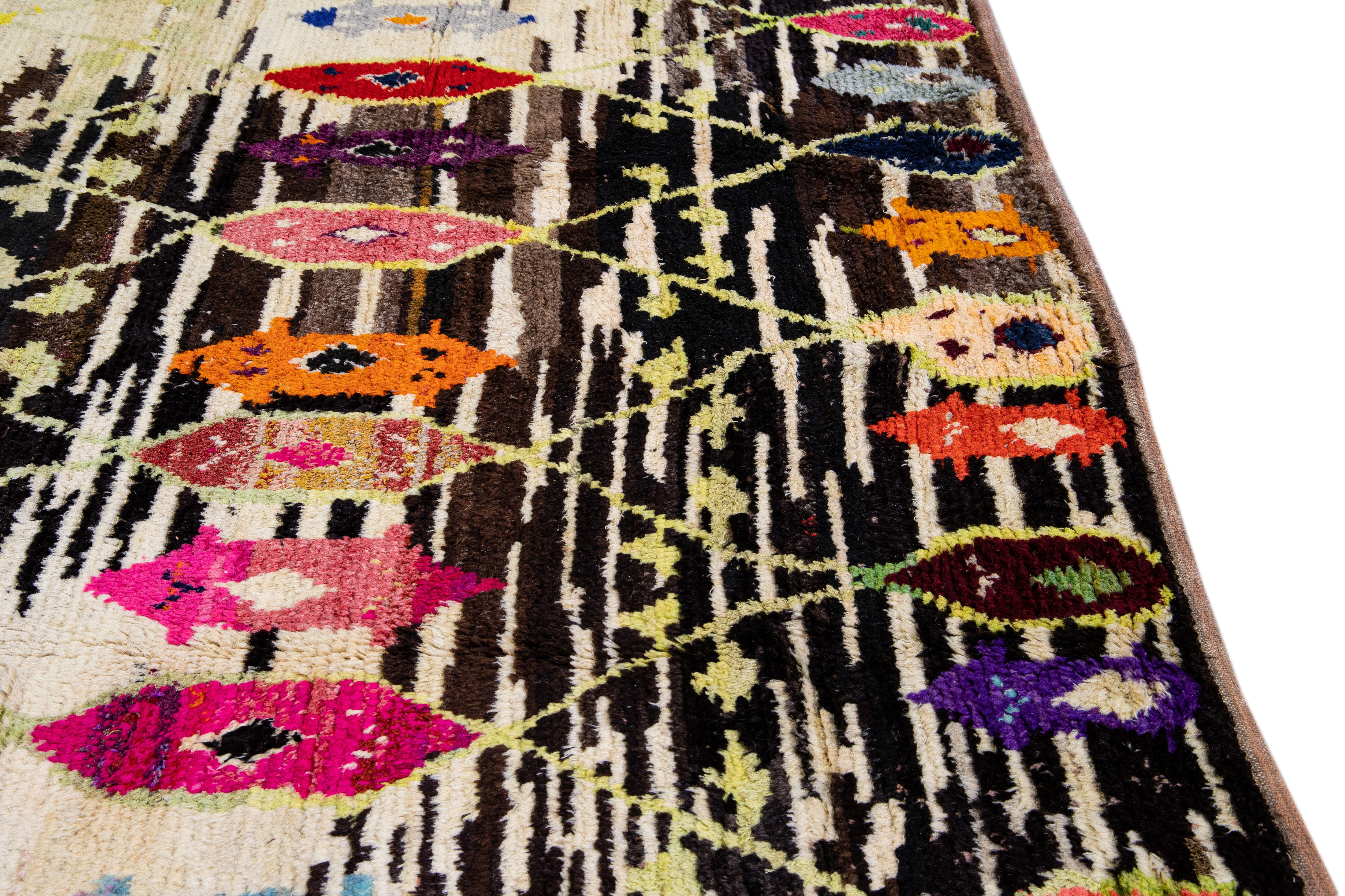 Modern Brown Turkish Tulu Handmade Multicolor Tribal Designed Wool Rug For Sale 6
