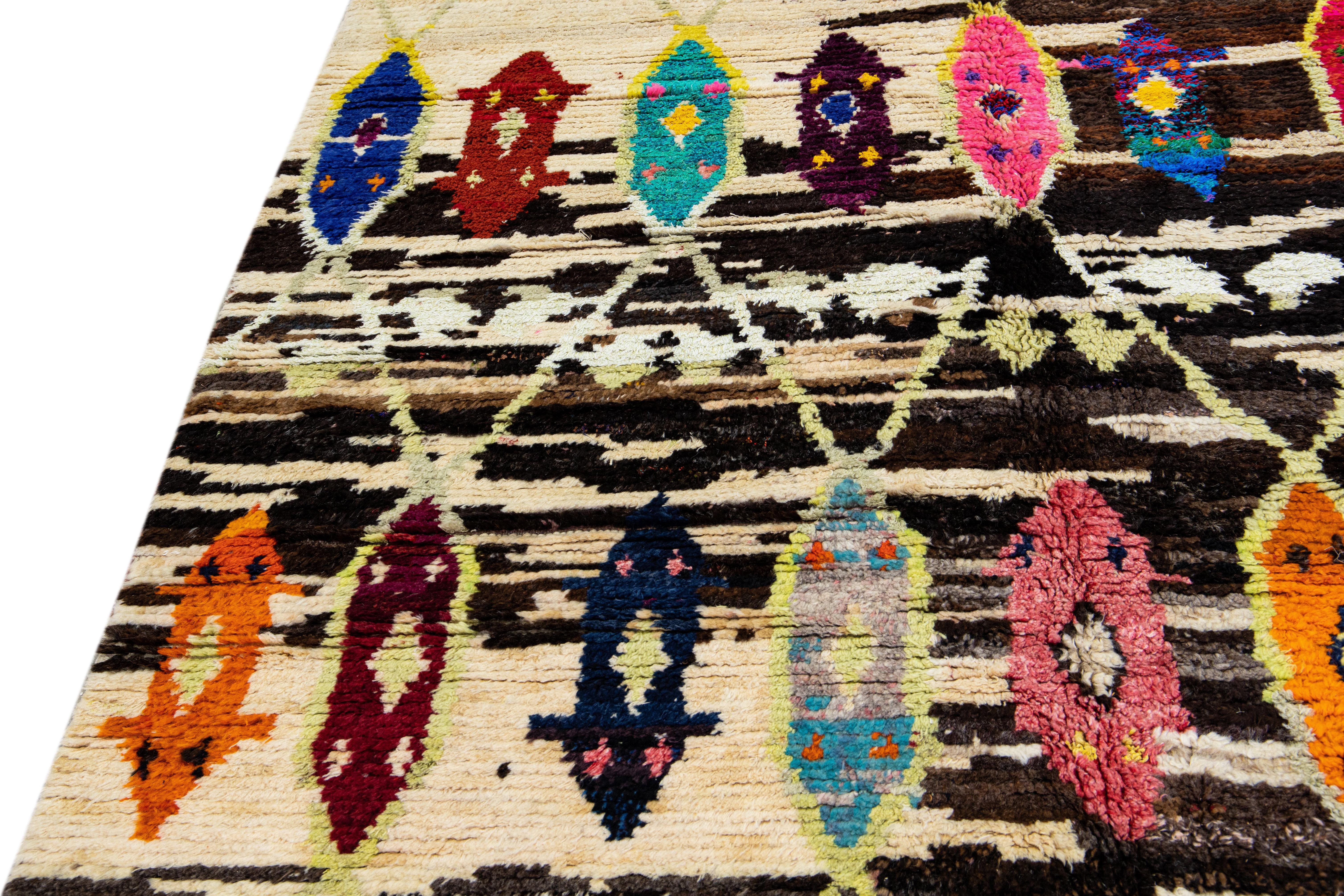 Modern Brown Turkish Tulu Handmade Multicolor Tribal Designed Wool Rug For Sale 8