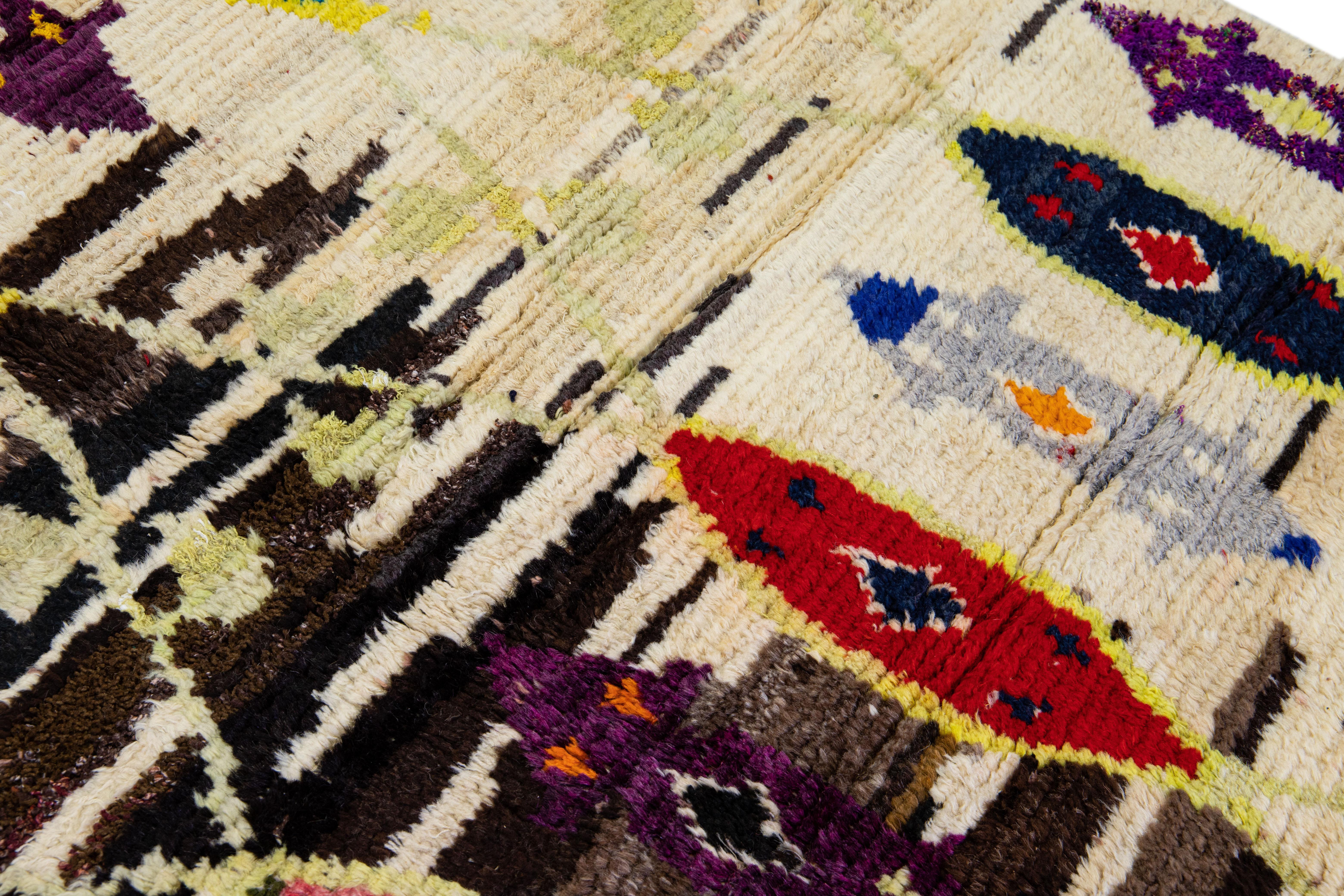 Modern Brown Turkish Tulu Handmade Multicolor Tribal Designed Wool Rug For Sale 9