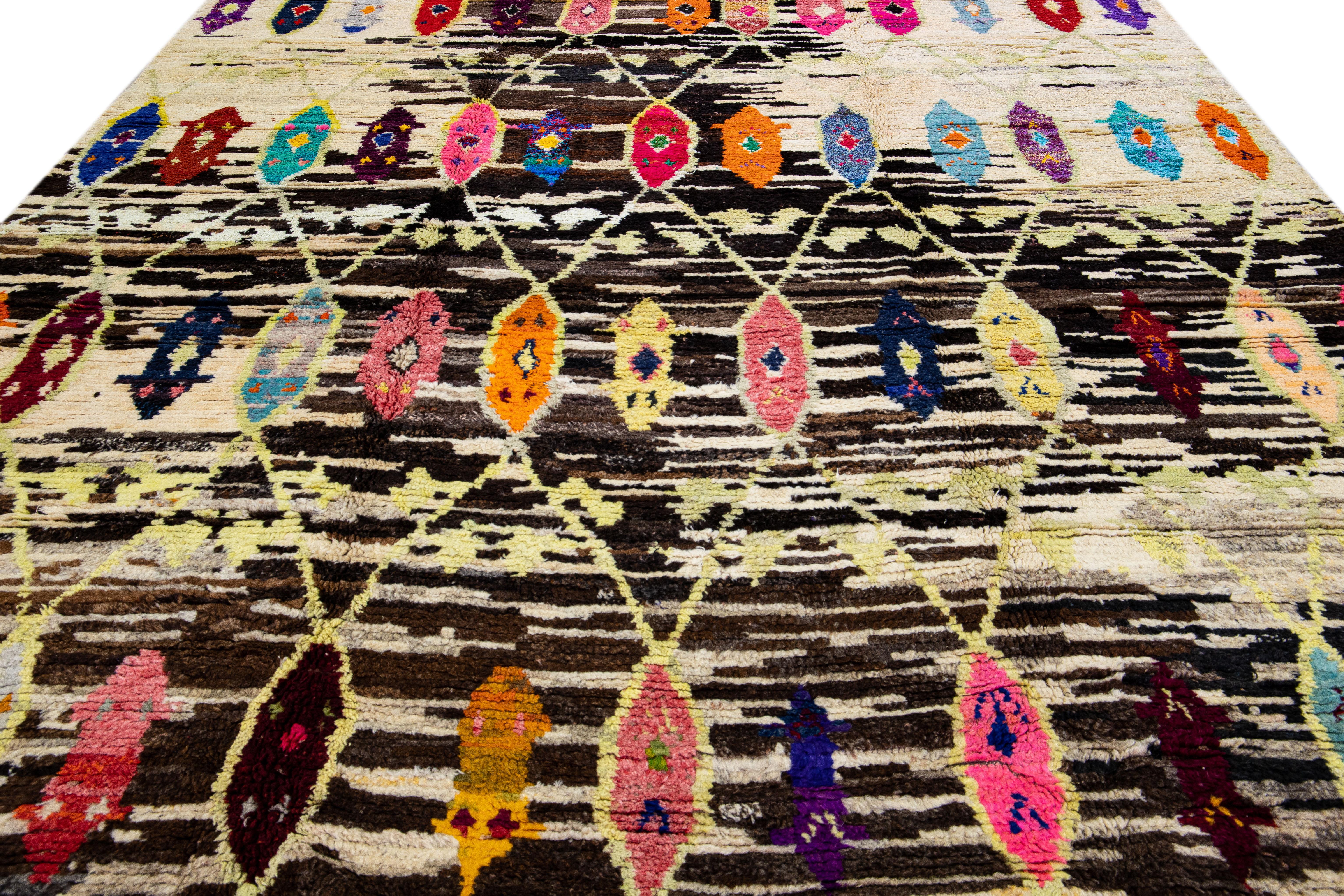 Contemporary Modern Brown Turkish Tulu Handmade Multicolor Tribal Designed Wool Rug For Sale