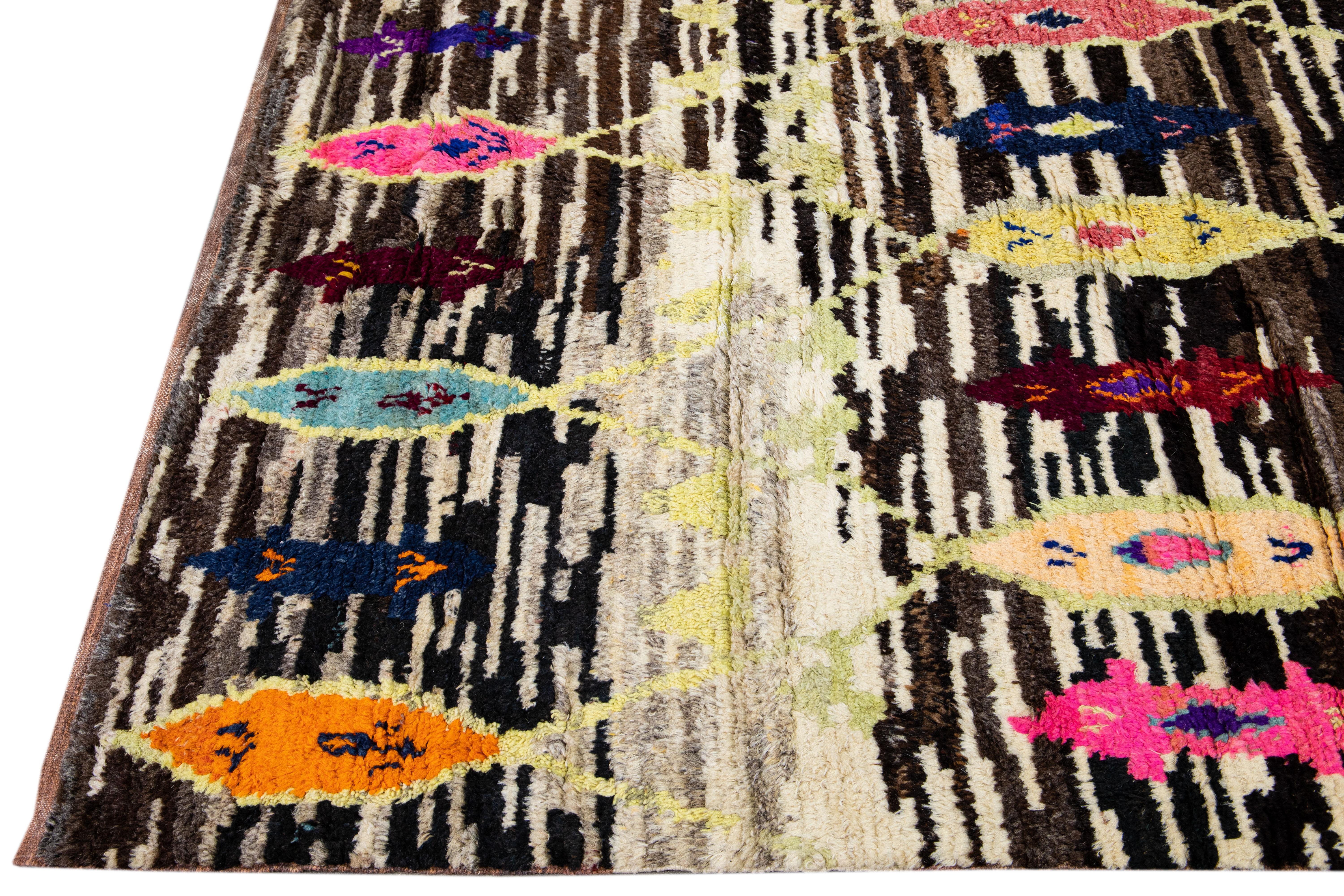 Modern Brown Turkish Tulu Handmade Multicolor Tribal Designed Wool Rug For Sale 1
