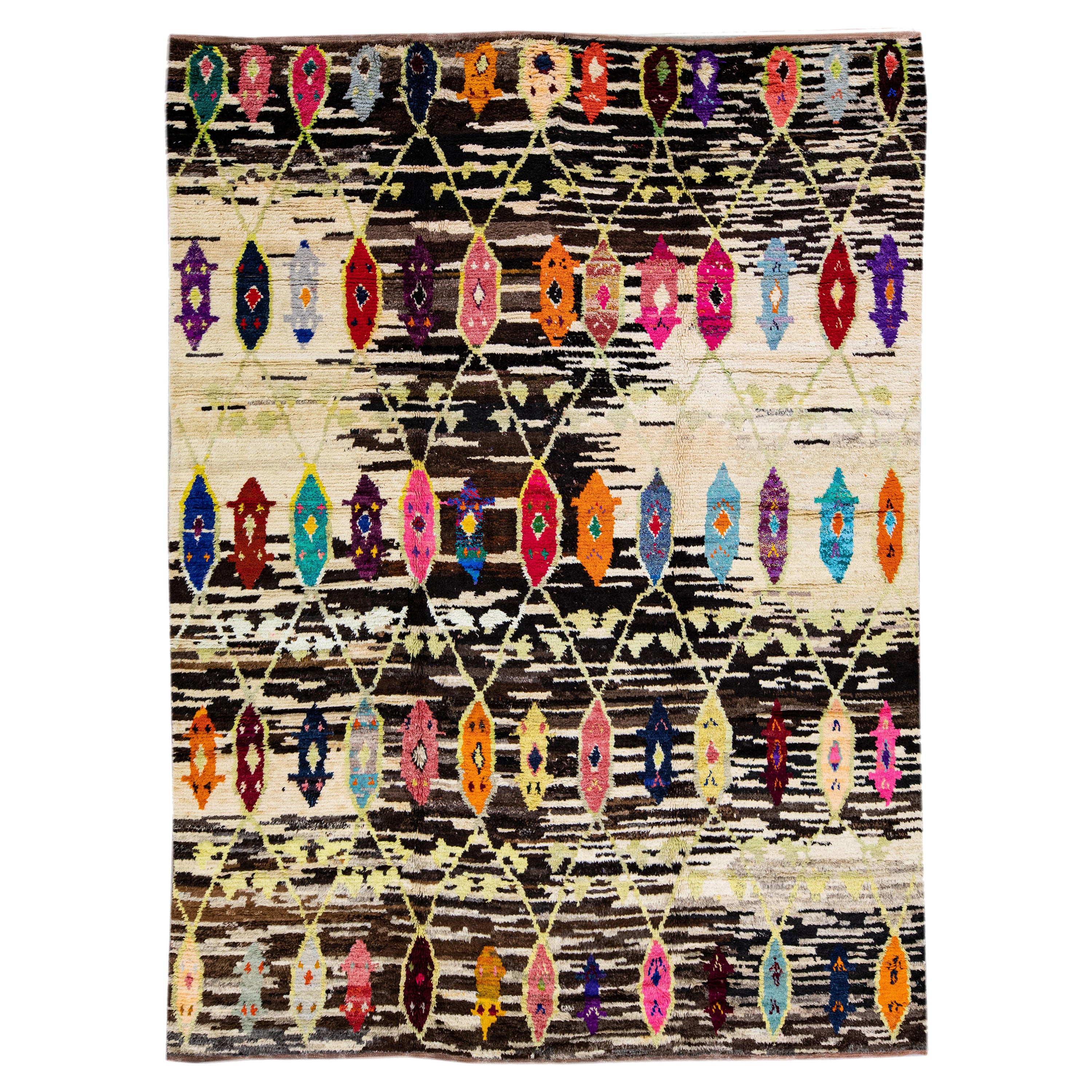 Tapis moderne turc Tulu marron en laine multicolore fait à la main avec motifs tribaux