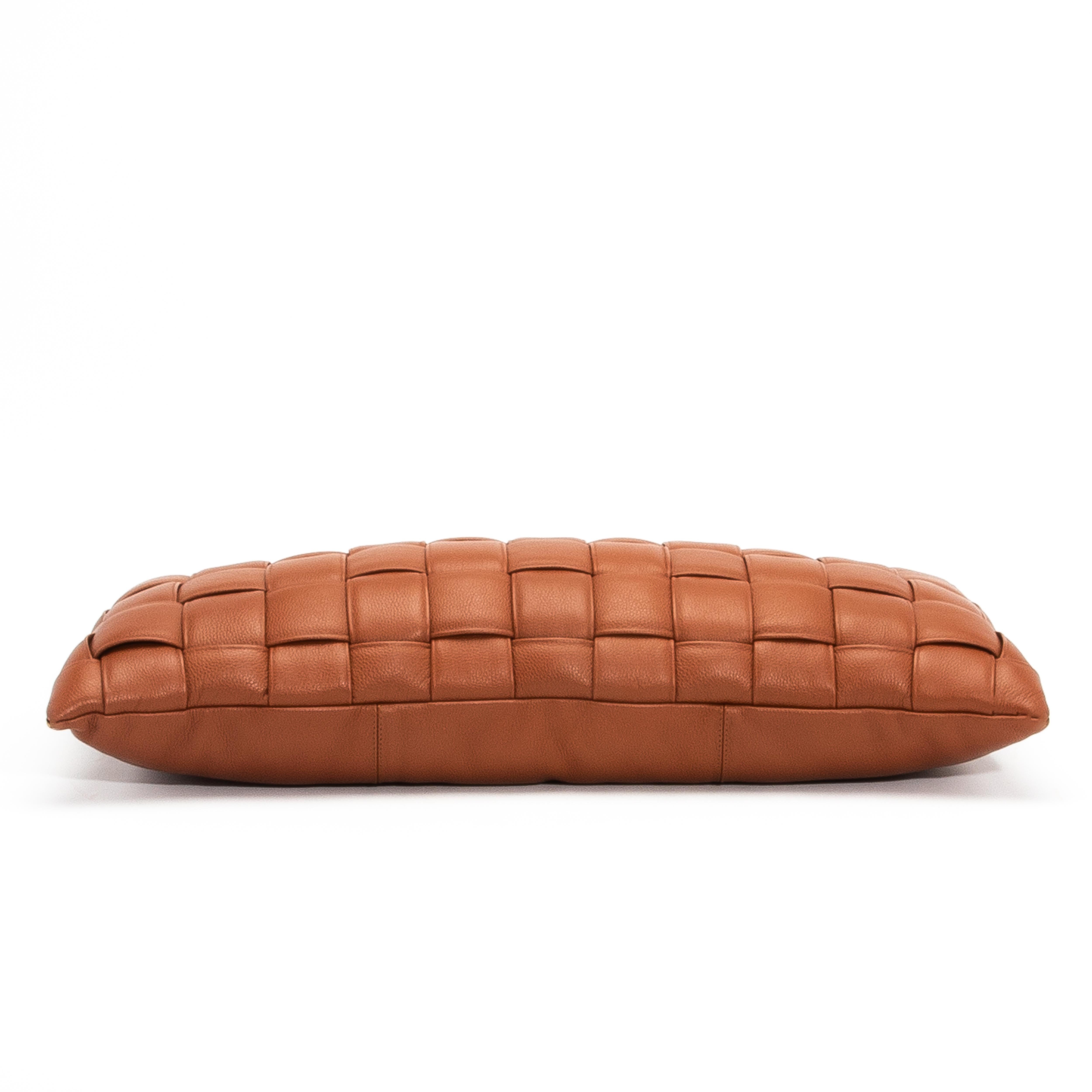 Hand-Crafted Modern Brown Woven Leather Decorative Lumbar Pillow For Sale