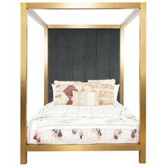 Modern Brushed Brass Four-Poster Cal. King Bed Channel Tufted Velvet Headboard