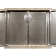 Modern Travertine Credenza with Brushed Chrome and Lucite Columns