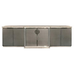 Modern Travertine Credenza with Brushed Chrome and Lucite Columns