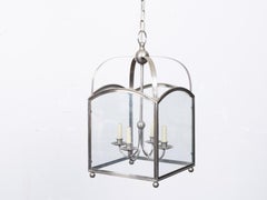 Modern Brushed Nickel and Glass Hanging Lantern with Arched Frame and Four Light