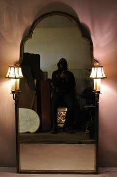 Modern Brushed Steel and Brass Arch Wall Mirror with Lighted Sconces