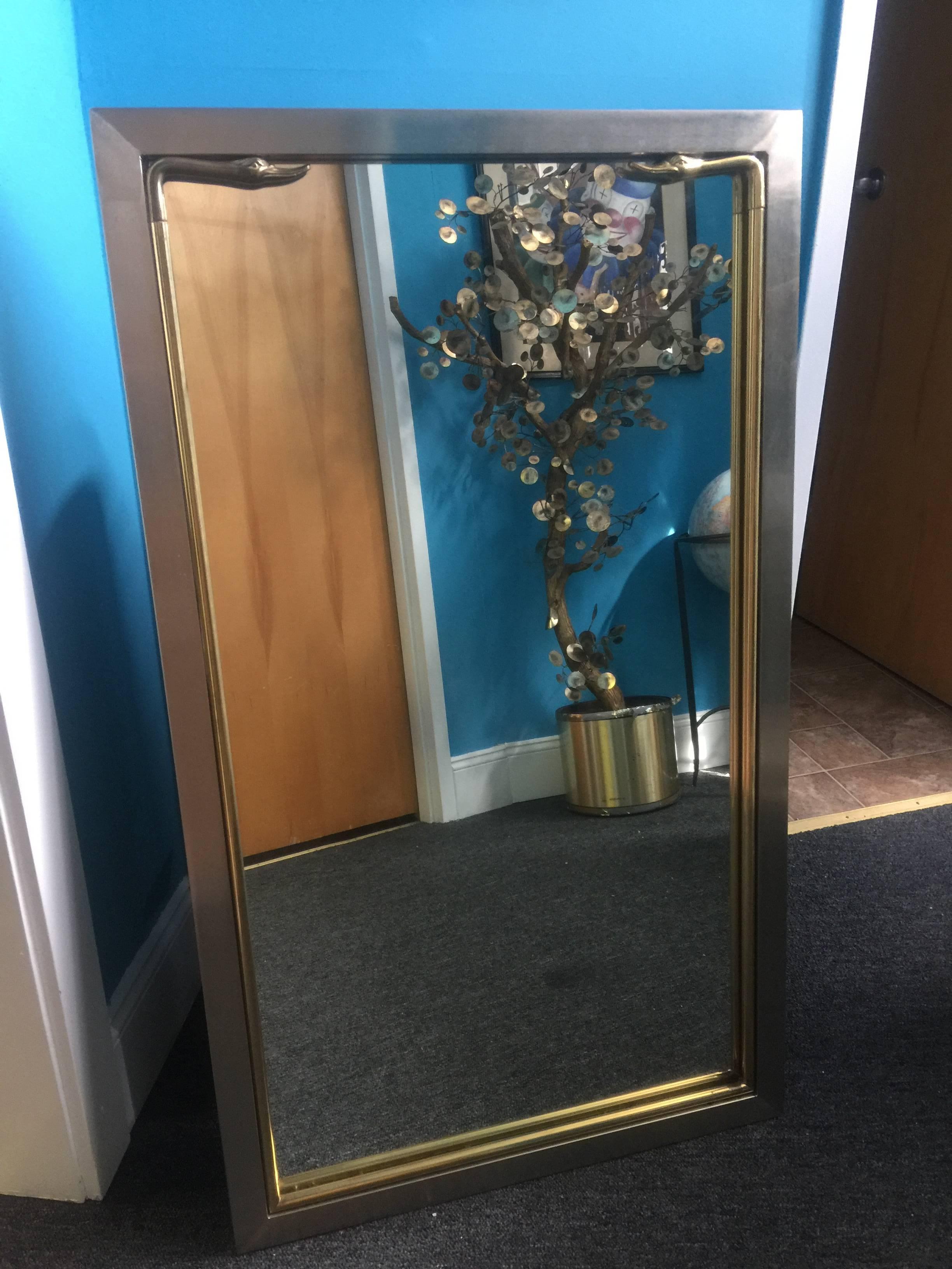 Modern Brushed Steel and Brass Swan Head Rectangular Mirror By Maison Jansen For Sale 5