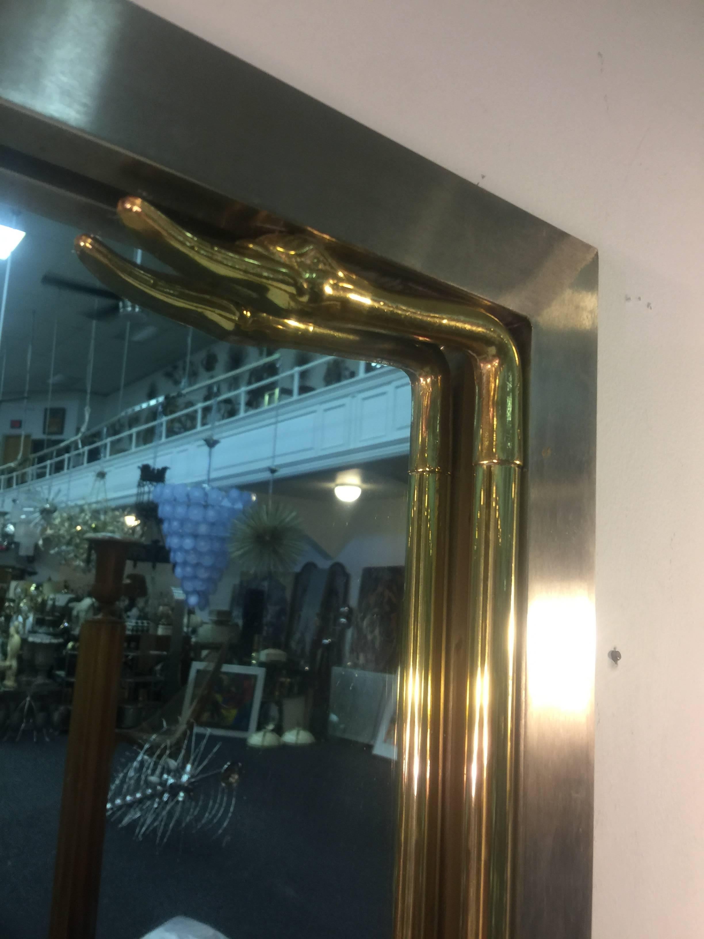 Modern Brushed Steel and Brass Swan Head Rectangular Mirror By Maison Jansen For Sale 8