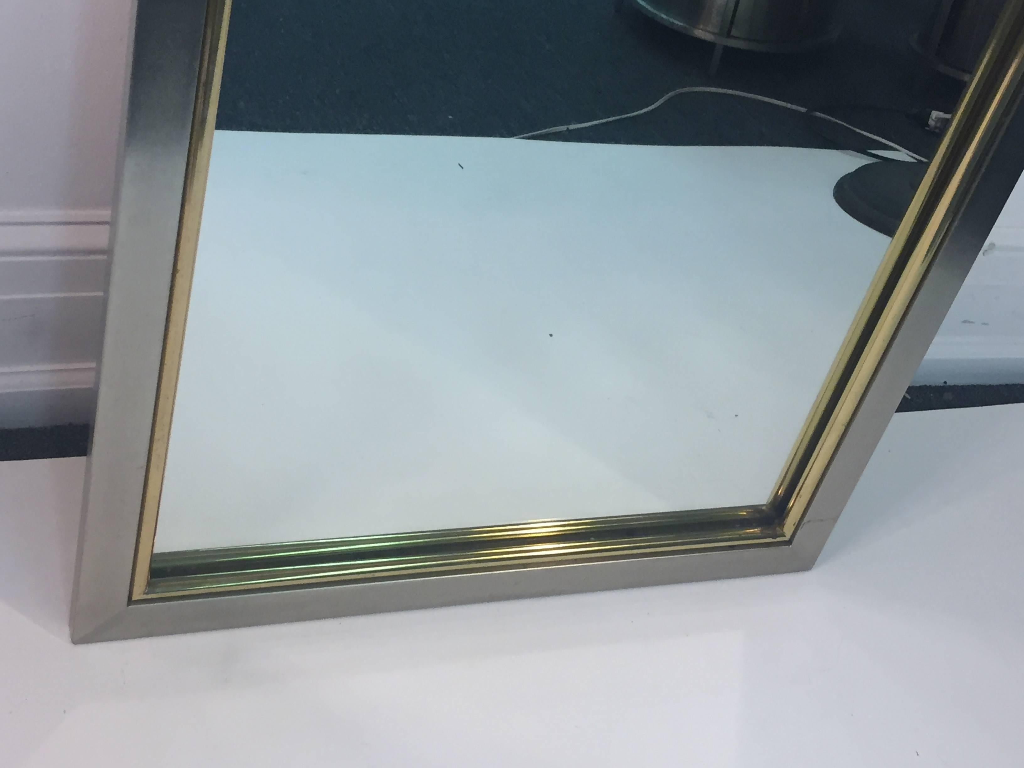 Modern Brushed Steel and Brass Swan Head Rectangular Mirror By Maison Jansen In Good Condition For Sale In Allentown, PA