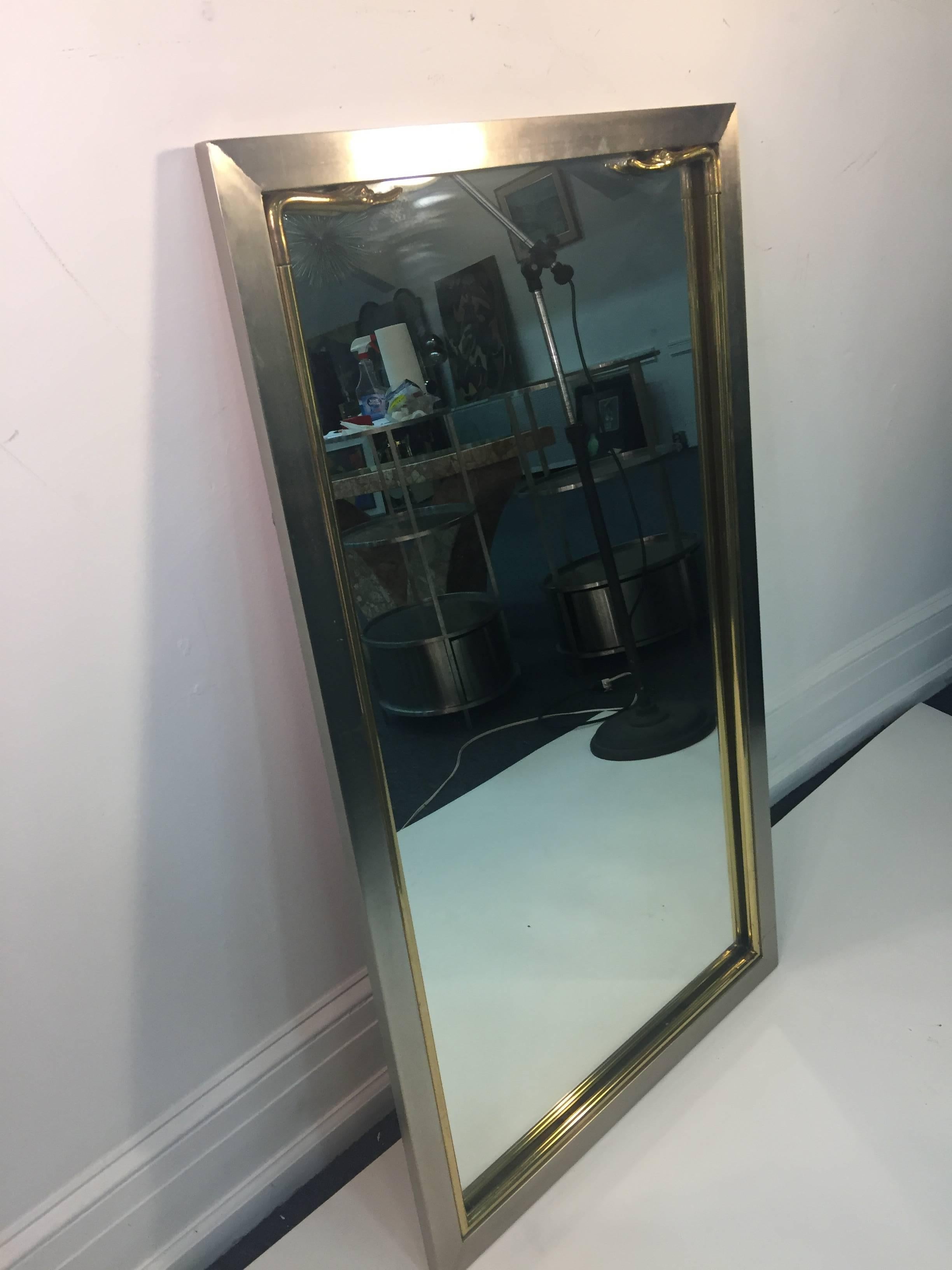 Modern Brushed Steel and Brass Swan Head Rectangular Mirror By Maison Jansen For Sale 1