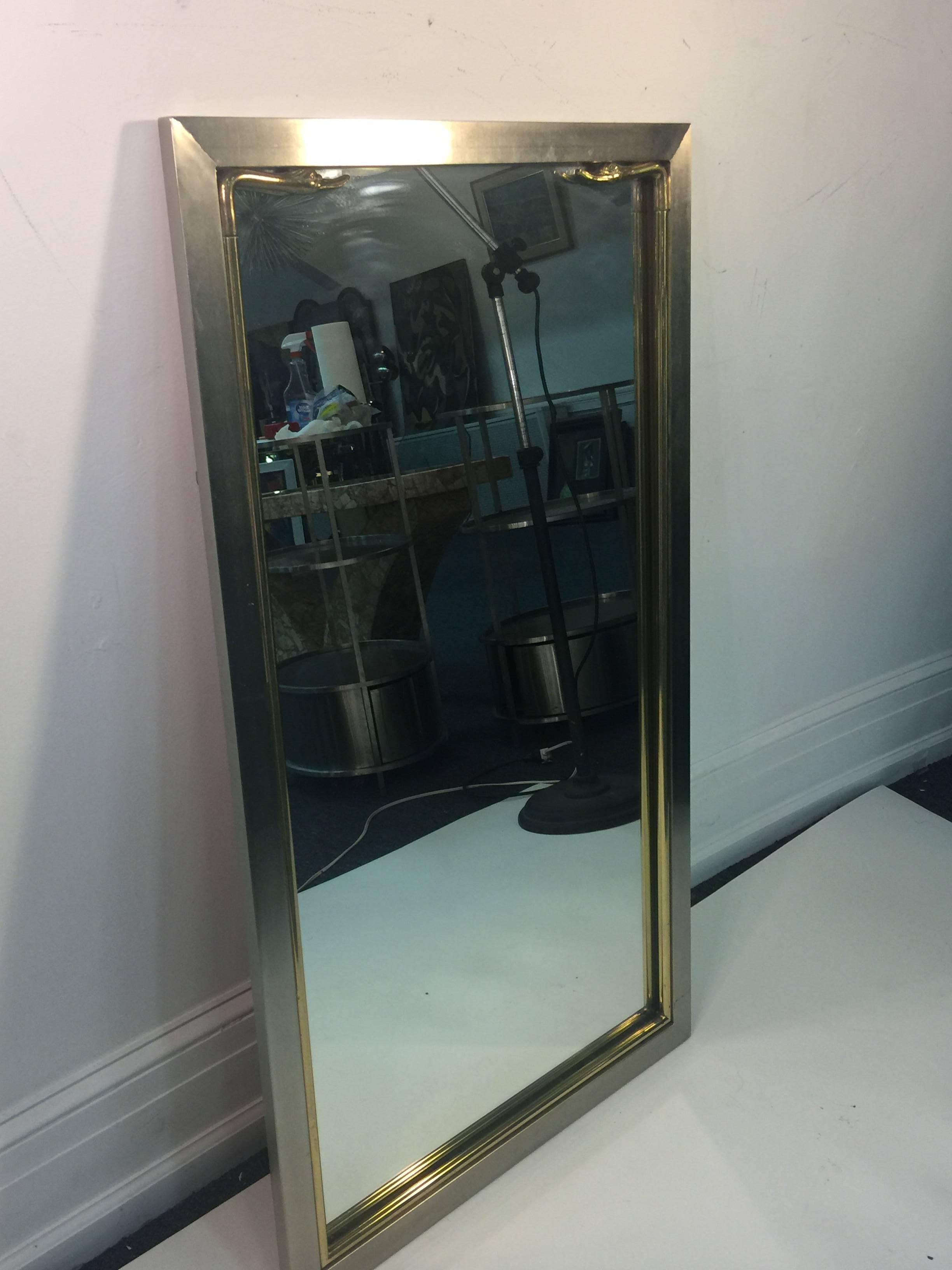 Modern Brushed Steel and Brass Swan Head Rectangular Mirror By Maison Jansen For Sale 4