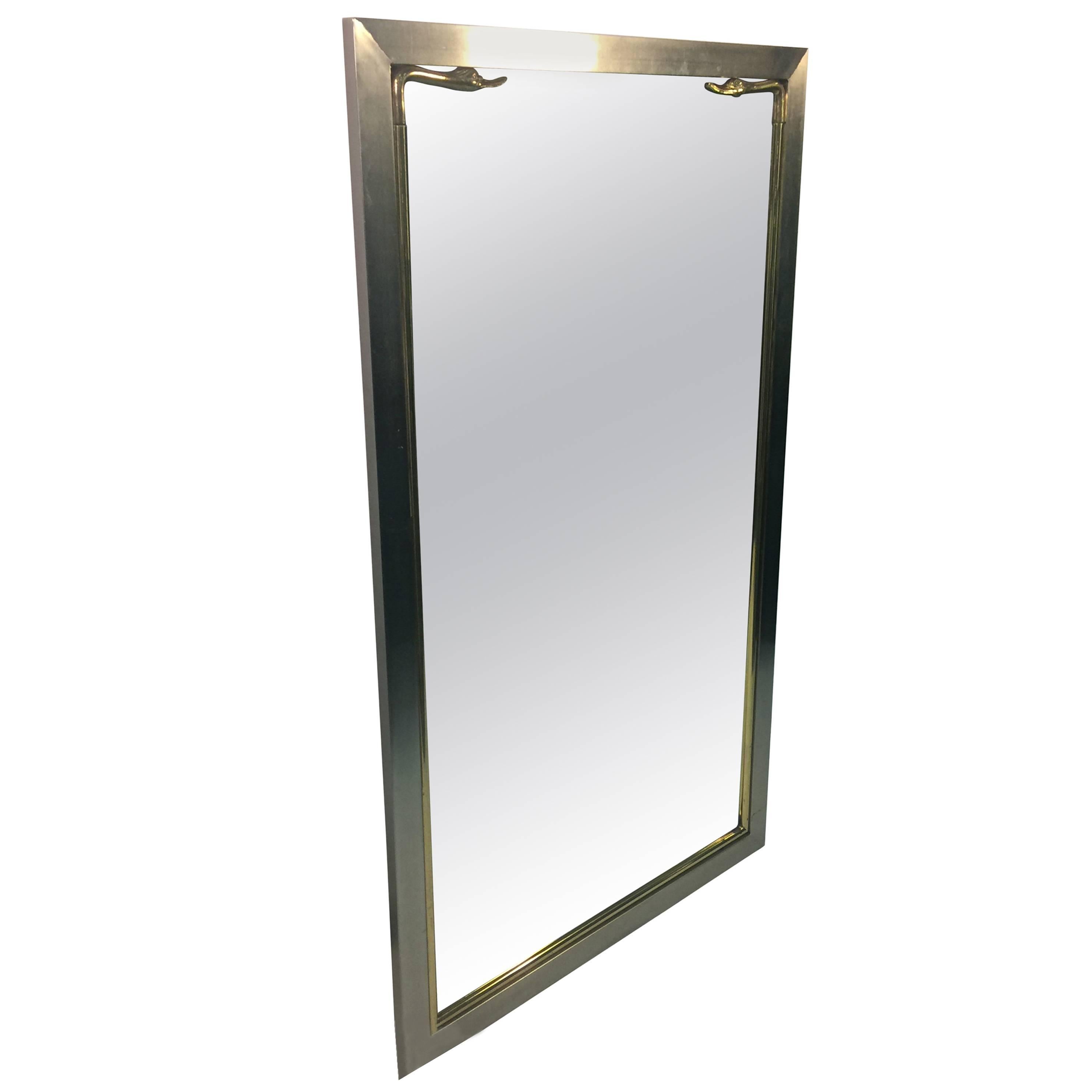 Modern Brushed Steel and Brass Swan Head Rectangular Mirror By Maison Jansen For Sale