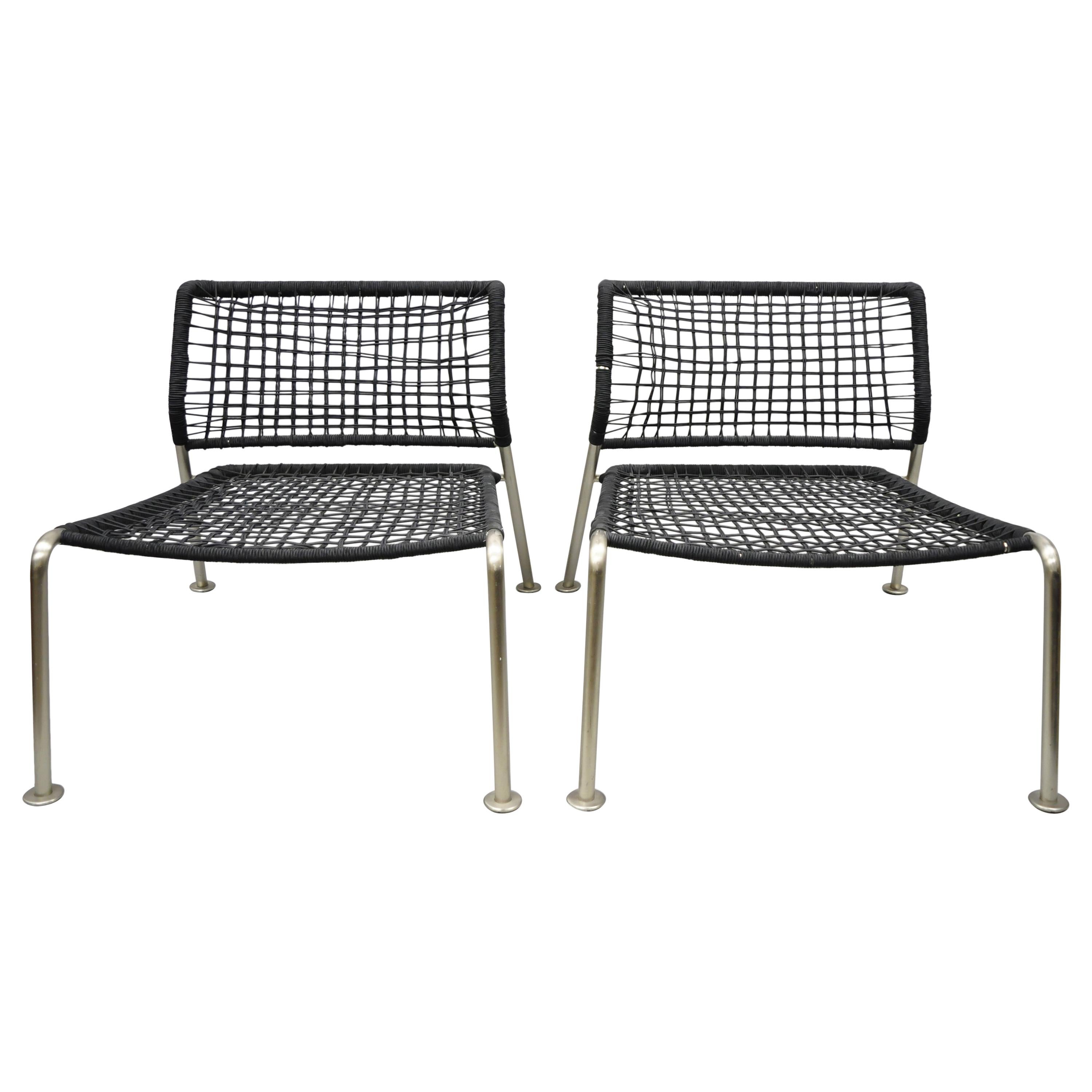 Modern Brushed Steel Low Wide Frame Vinyl Rope Lounge Slipper Chairs, a Pair