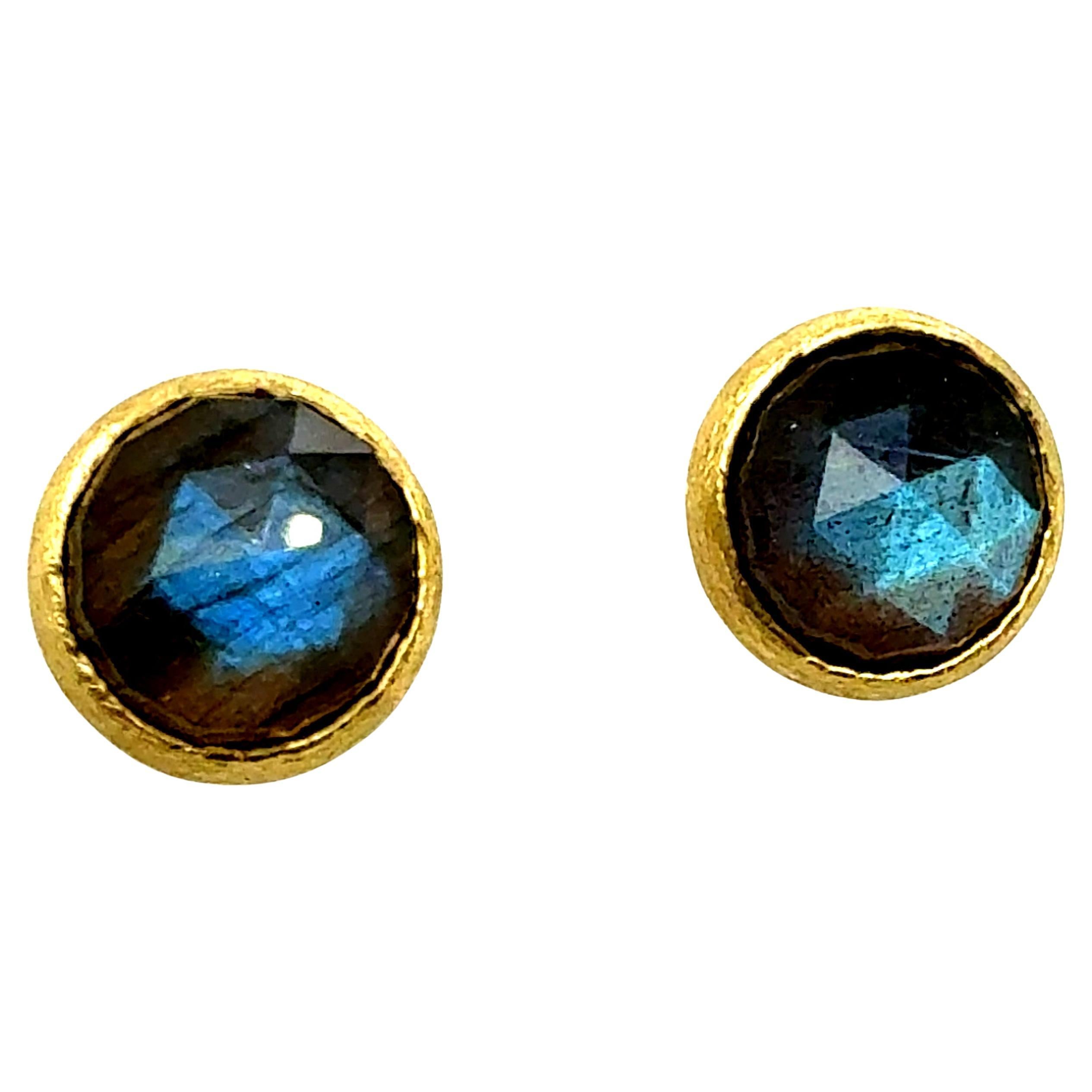 Modern Brushed Yellow Gold Rose-Cut Labradorite Statement Earrings