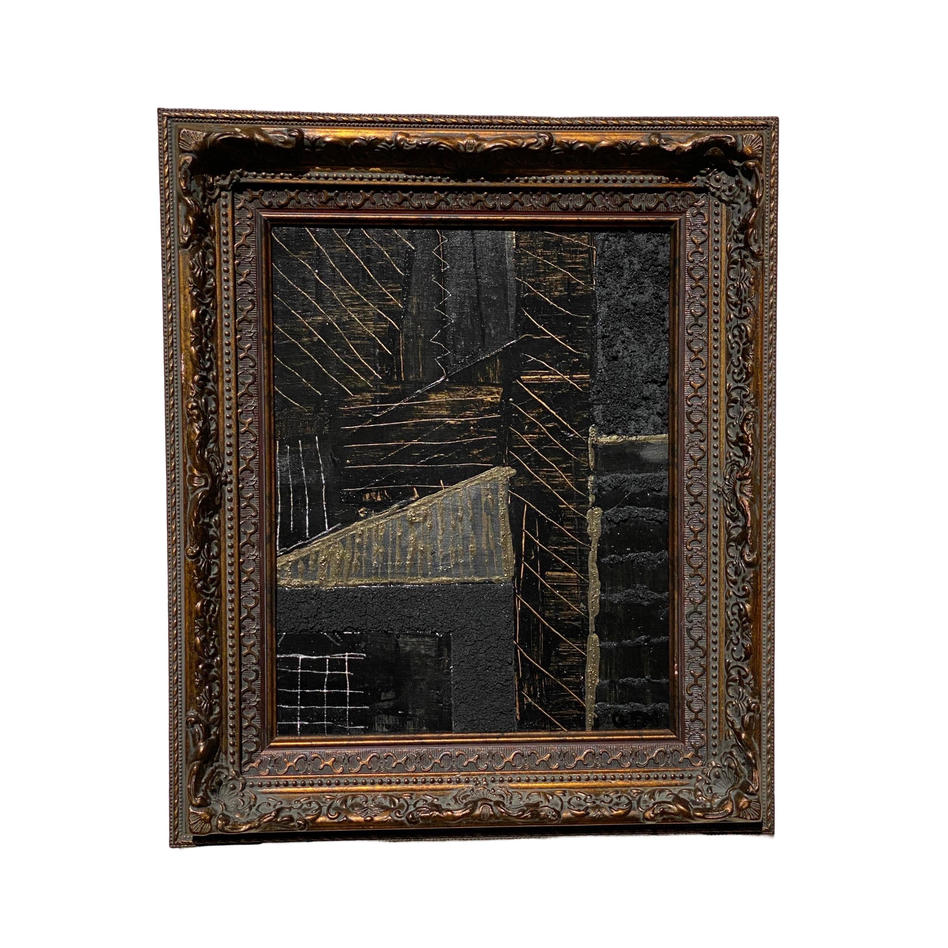 Another beautiful brutalist inspired black and gold mixed media original painting on board by designer/artist George Machado from our collection. 
Titled “Constuction”. This mixed media painting in black and golds has a textured very dimensional