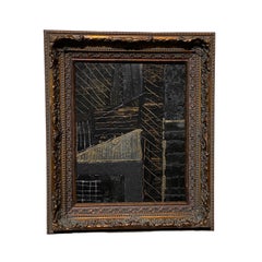 Modern Brutalist Abstract Framed Painting in Black & Gold by Artist Machado