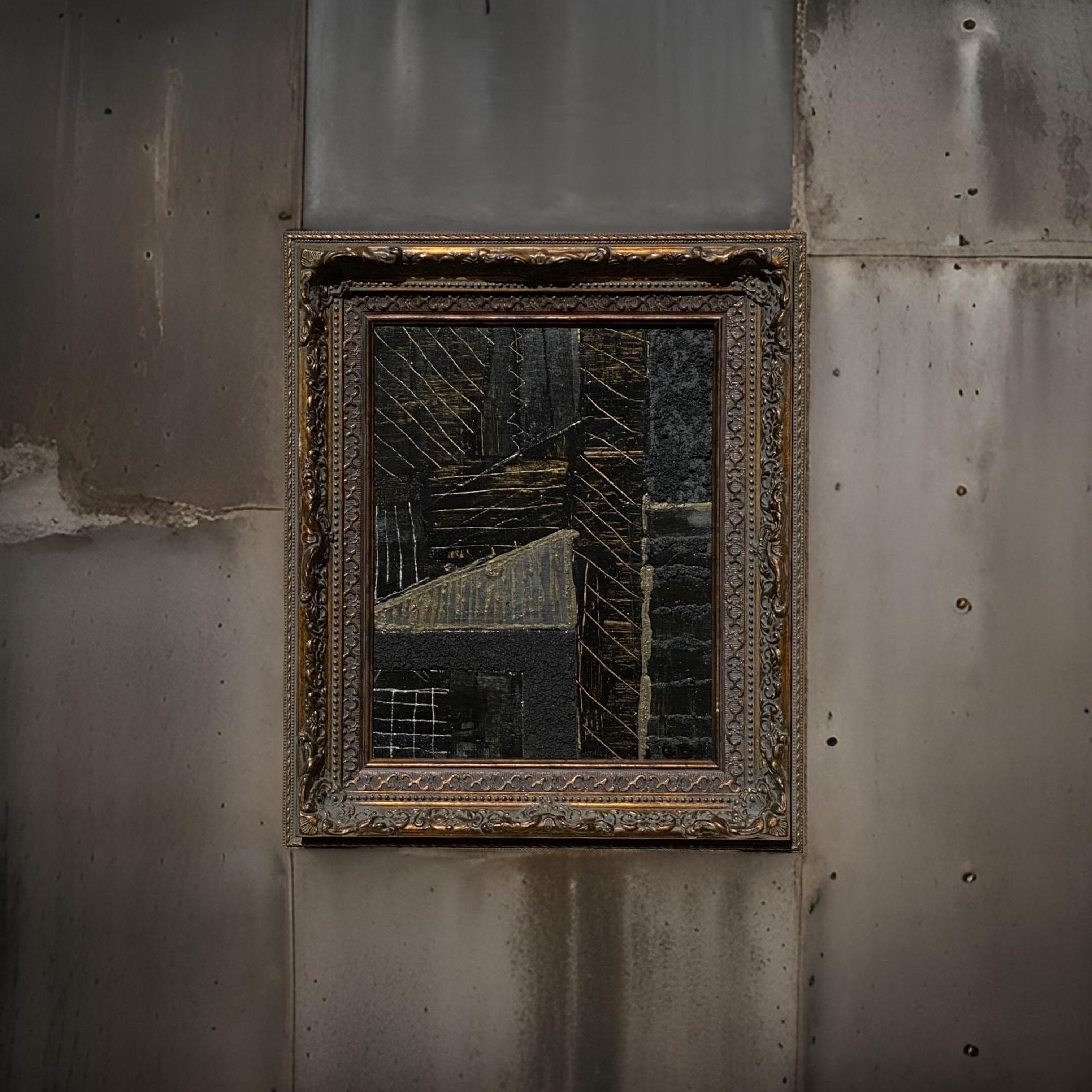 American Modern Brutalist Abstract Framed Painting in Black & Gold by Artist Machado For Sale