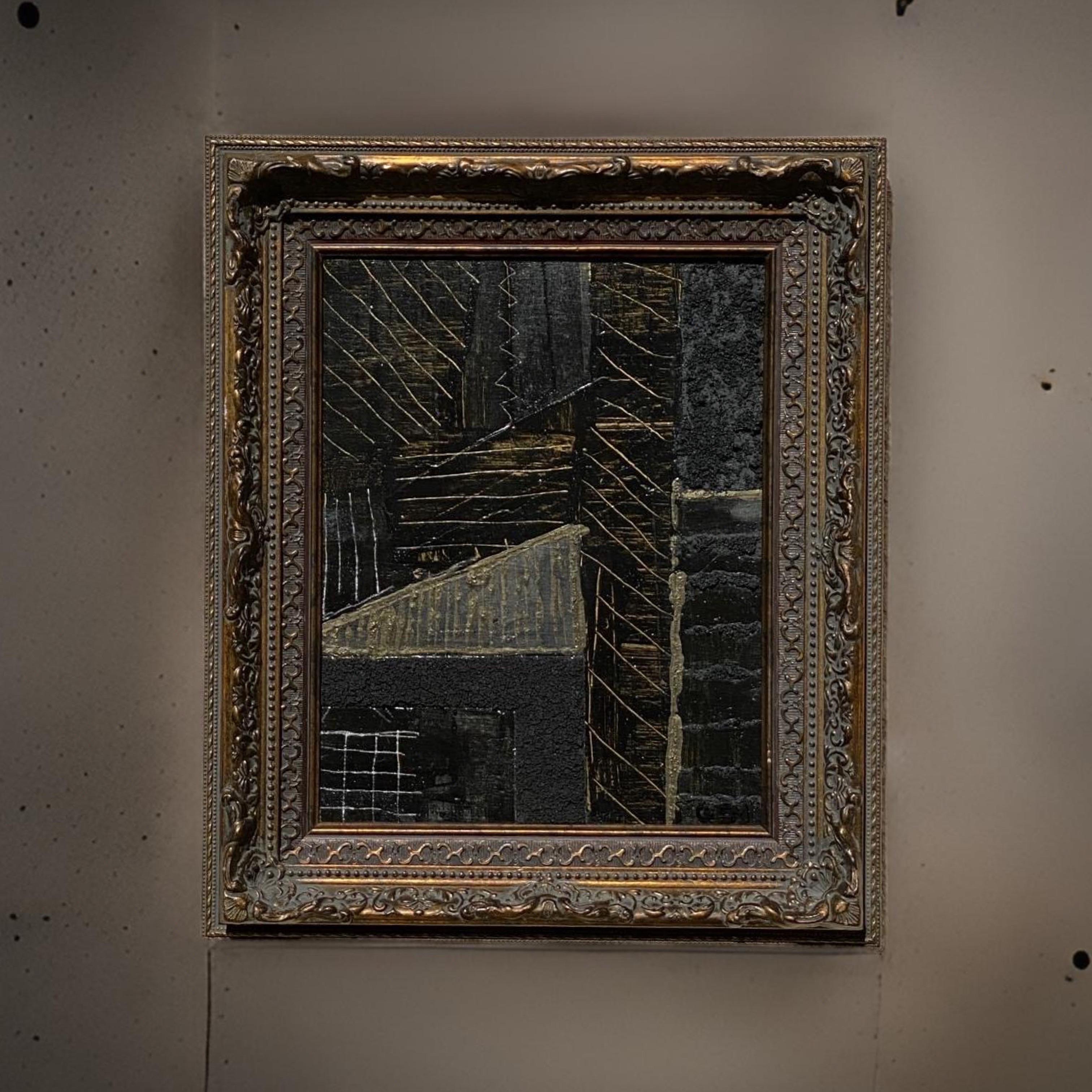 Hand-Painted Modern Brutalist Abstract Framed Painting in Black & Gold by Artist Machado For Sale