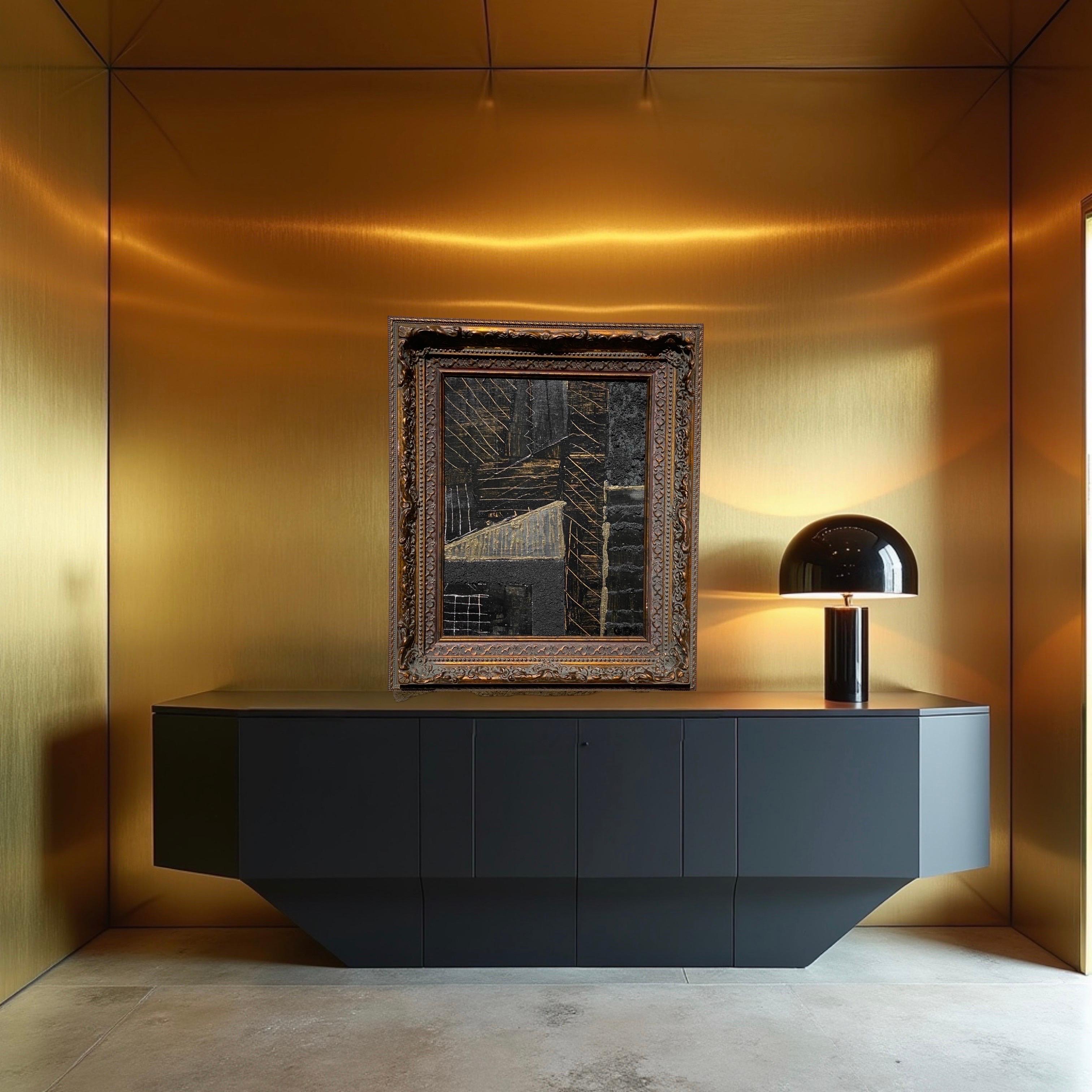 Modern Brutalist Abstract Framed Painting in Black & Gold by Artist Machado In Good Condition For Sale In Palm Springs, CA