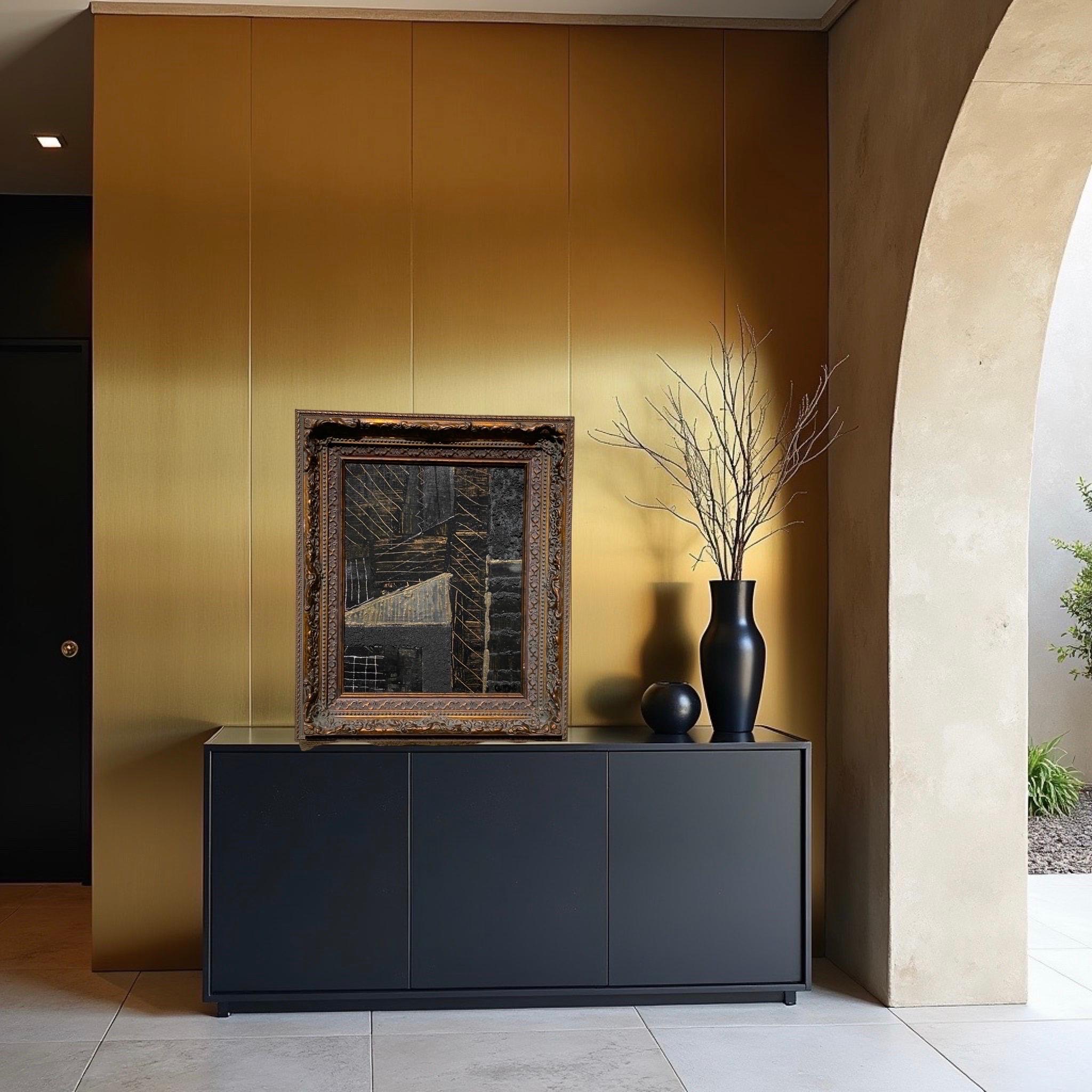 Contemporary Modern Brutalist Abstract Framed Painting in Black & Gold by Artist Machado For Sale