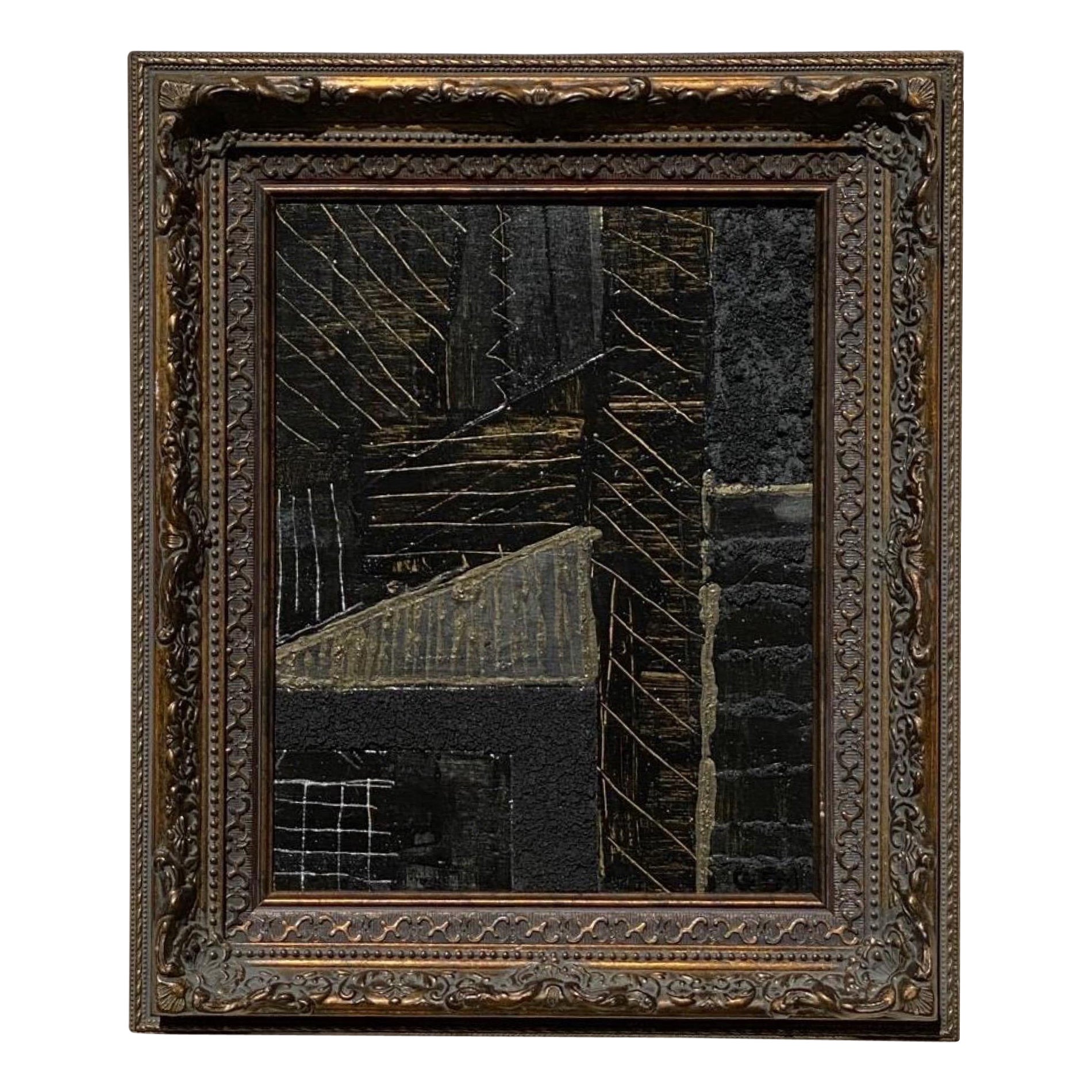 Modern Brutalist Abstract Framed Painting in Black & Gold by Artist Machado