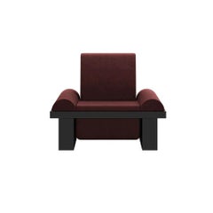 Modern Brutalist Armchair Black Matte Lacquer Upholstery Burgundy Dark Red Suede