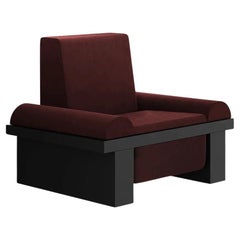 Modern Brutalist Armchair Black Matte Lacquer Upholstery Burgundy Dark Red Suede