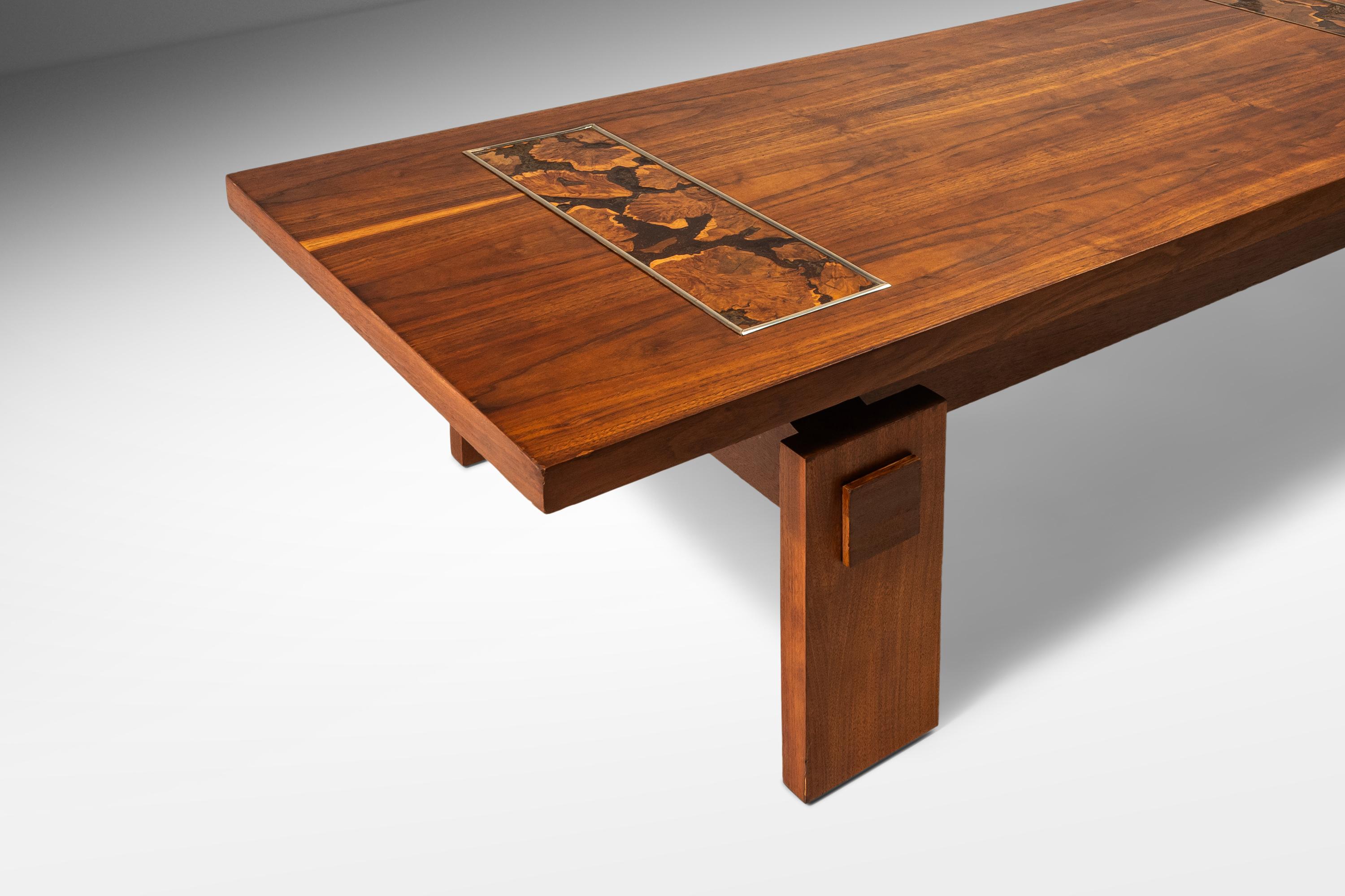 Modern Brutalist Coffee Table in Walnut with Burlwood Inlay by Lane, c. 1970's 6
