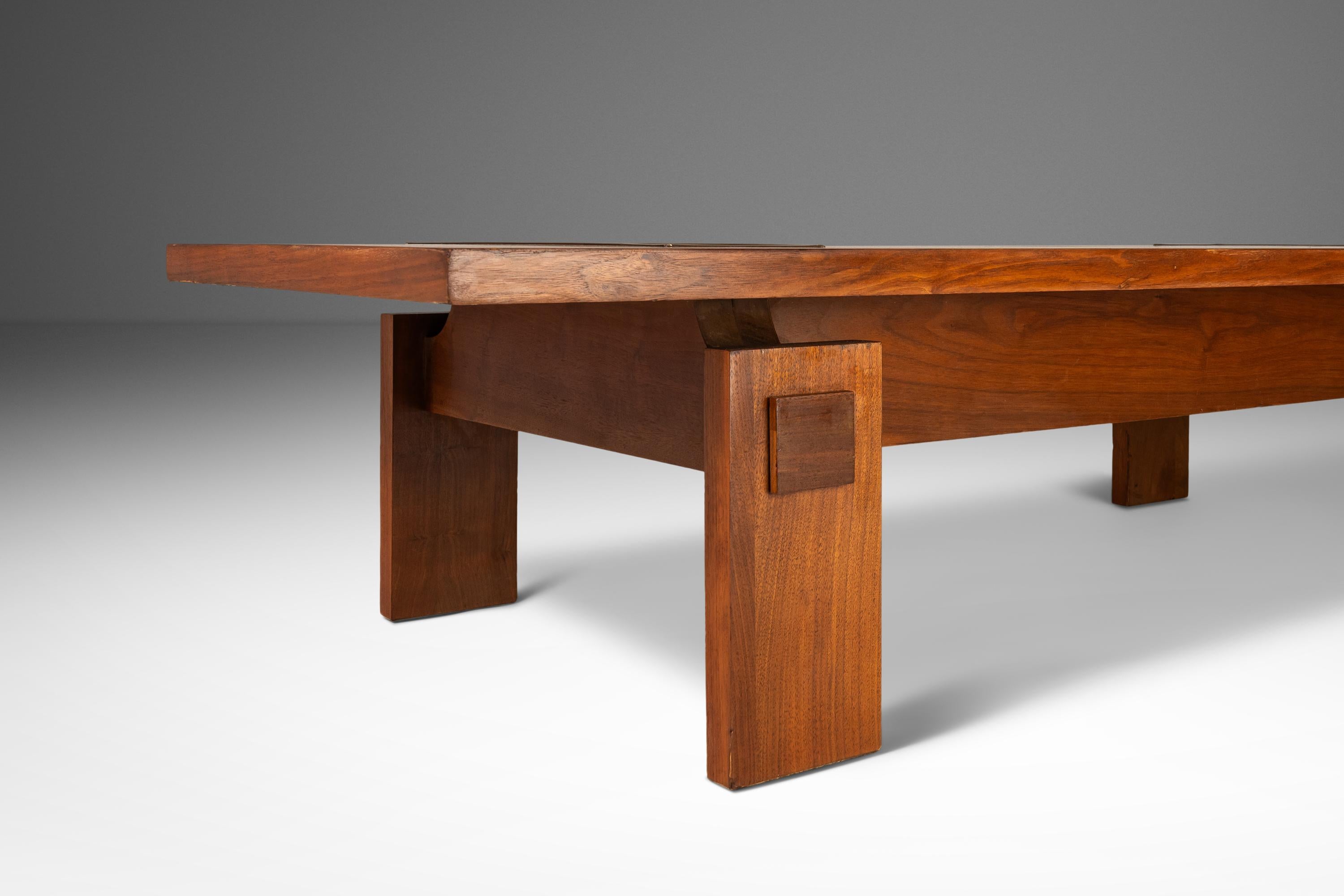 Modern Brutalist Coffee Table in Walnut with Burlwood Inlay by Lane, c. 1970's 7