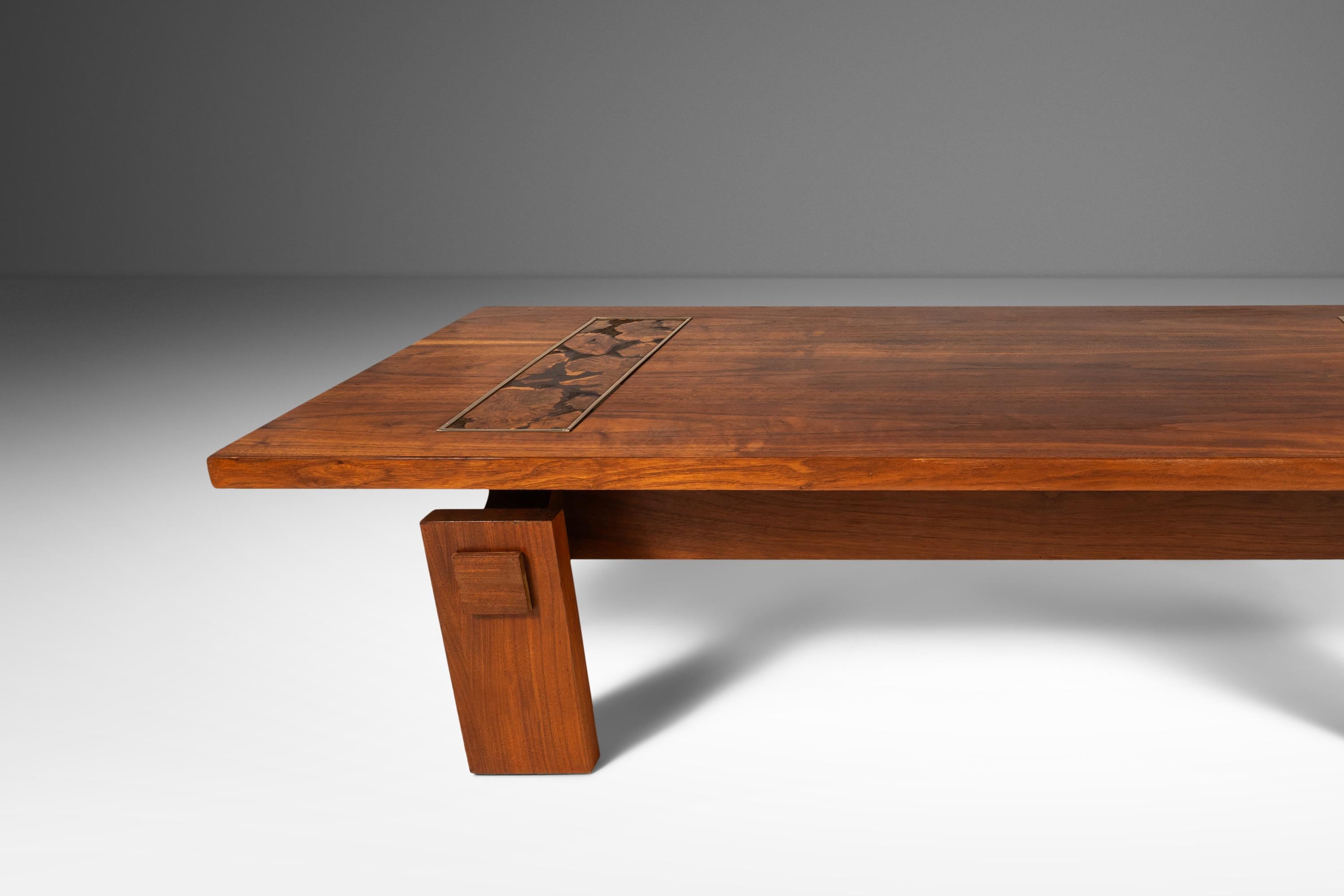 Modern Brutalist Coffee Table in Walnut with Burlwood Inlay by Lane, c. 1970's 8