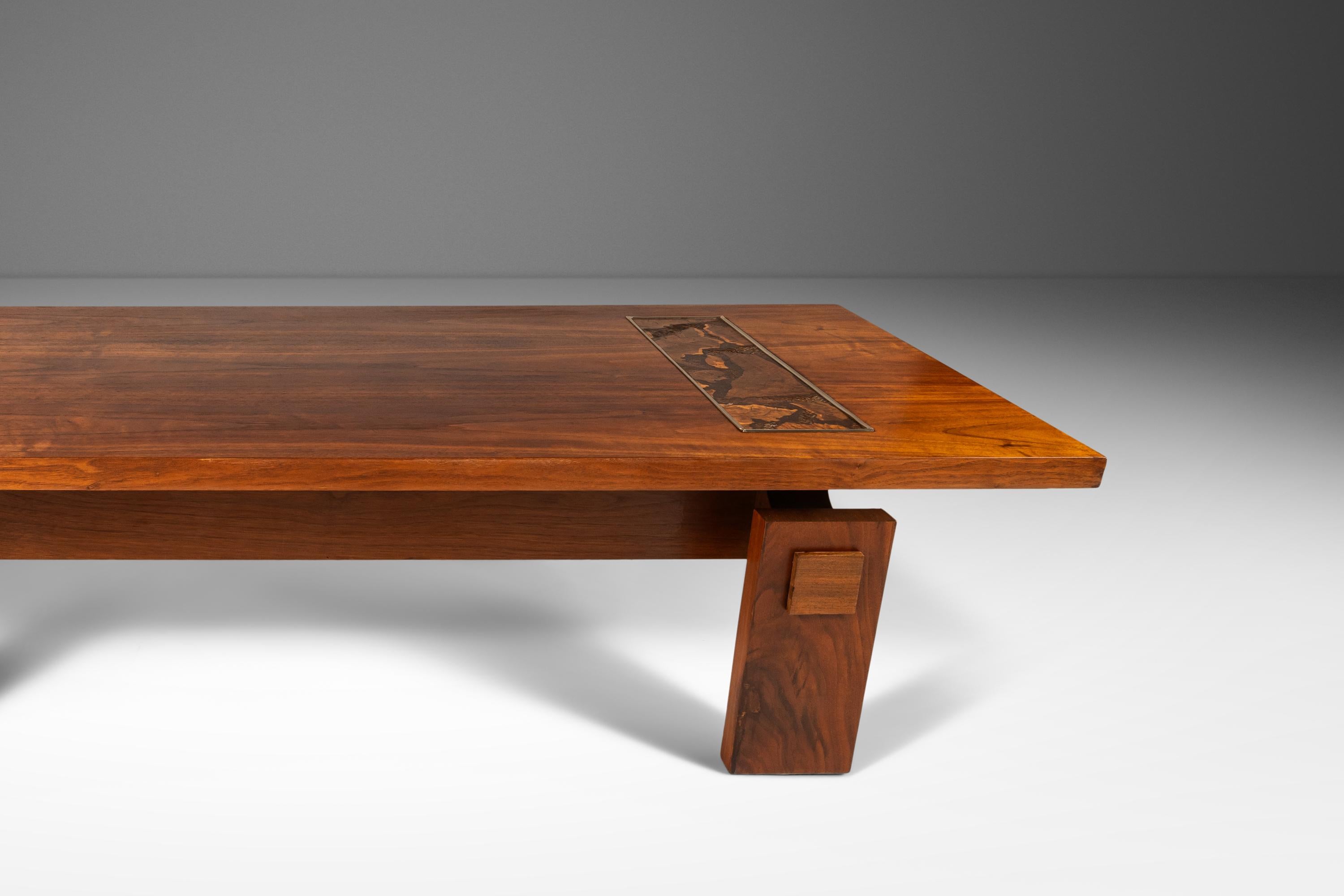 Modern Brutalist Coffee Table in Walnut with Burlwood Inlay by Lane, c. 1970's 9