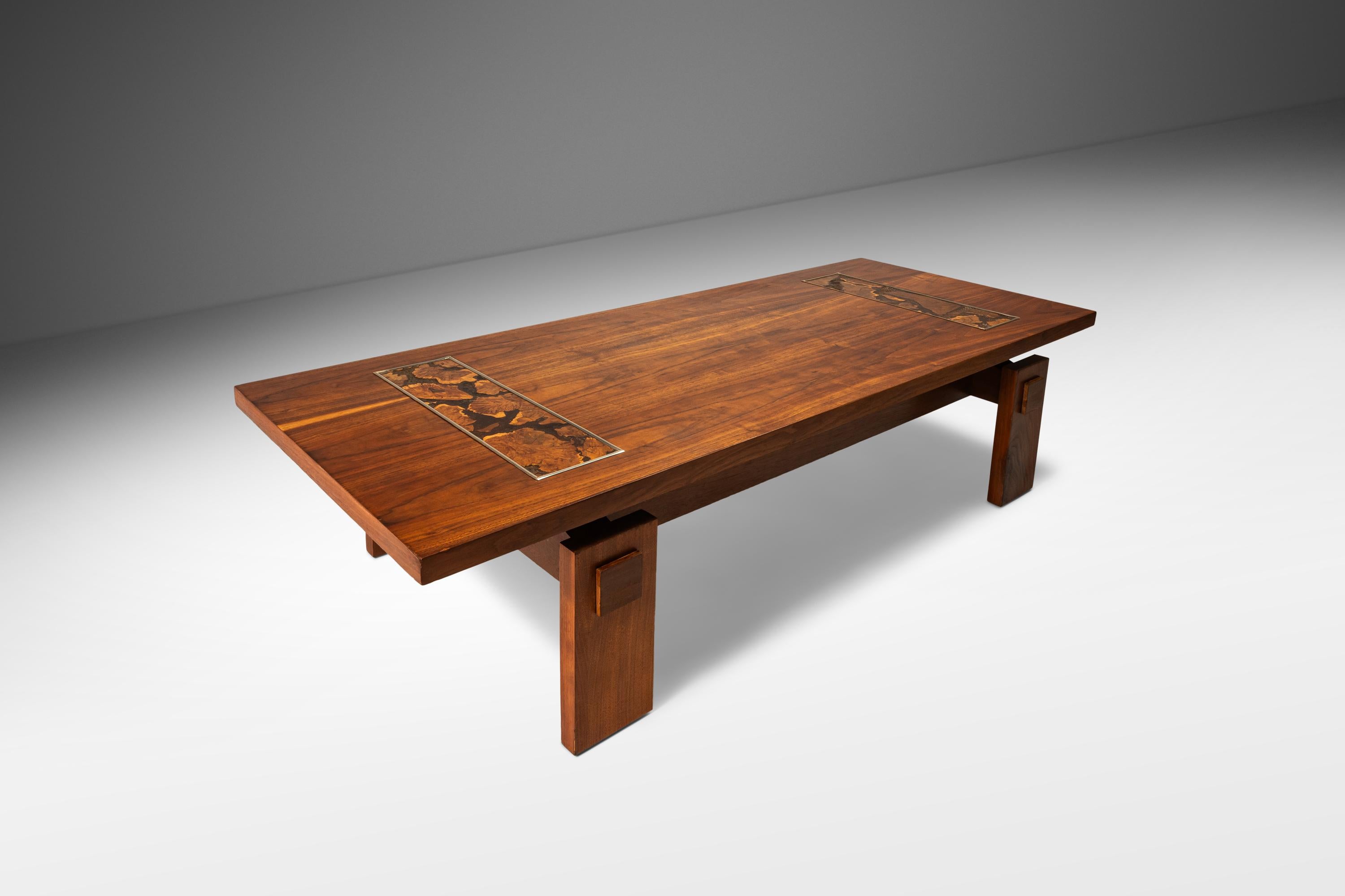 American Modern Brutalist Coffee Table in Walnut with Burlwood Inlay by Lane, c. 1970's