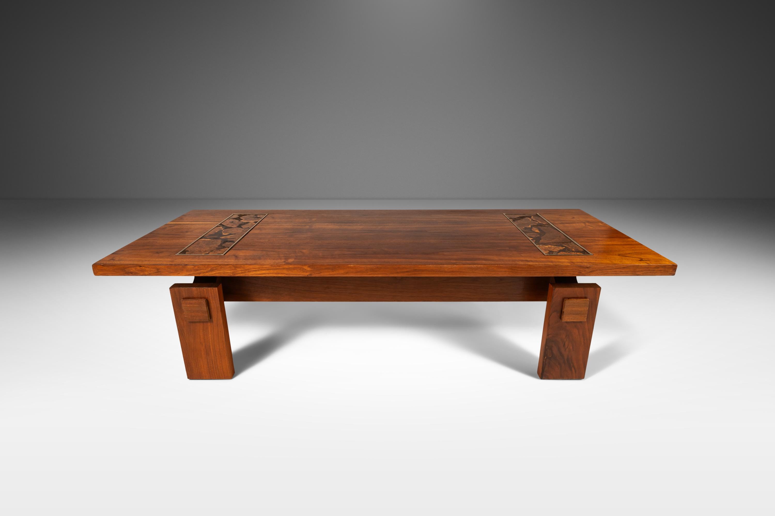 Modern Brutalist Coffee Table in Walnut with Burlwood Inlay by Lane, c. 1970's In Good Condition In Deland, FL