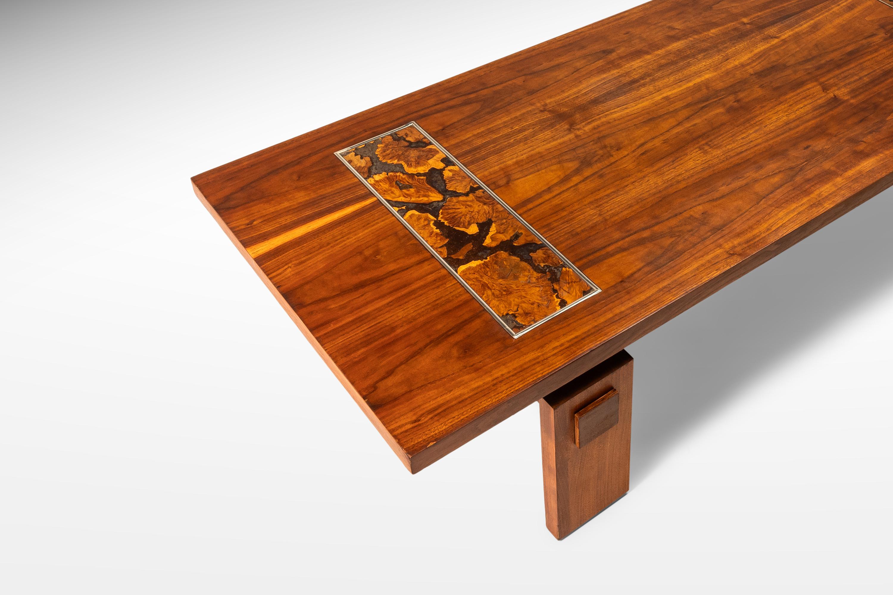 Modern Brutalist Coffee Table in Walnut with Burlwood Inlay by Lane, c. 1970's 4