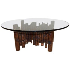 Modern Brutalist Coffee Table Masciarelli for Regent Glass Top Copper Tone Base